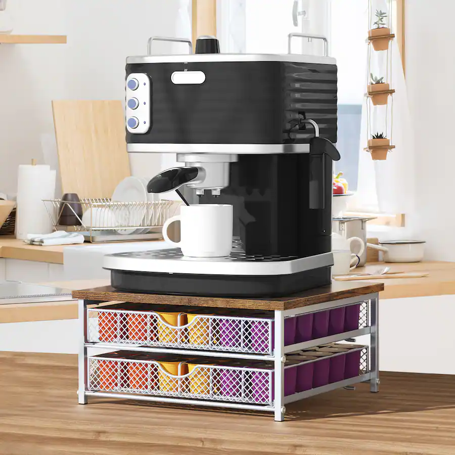 Two Tier Coffee Rack Oumilen 2 Tier Silver Metal Coffee Pod Storage Drawer Organizer with ...