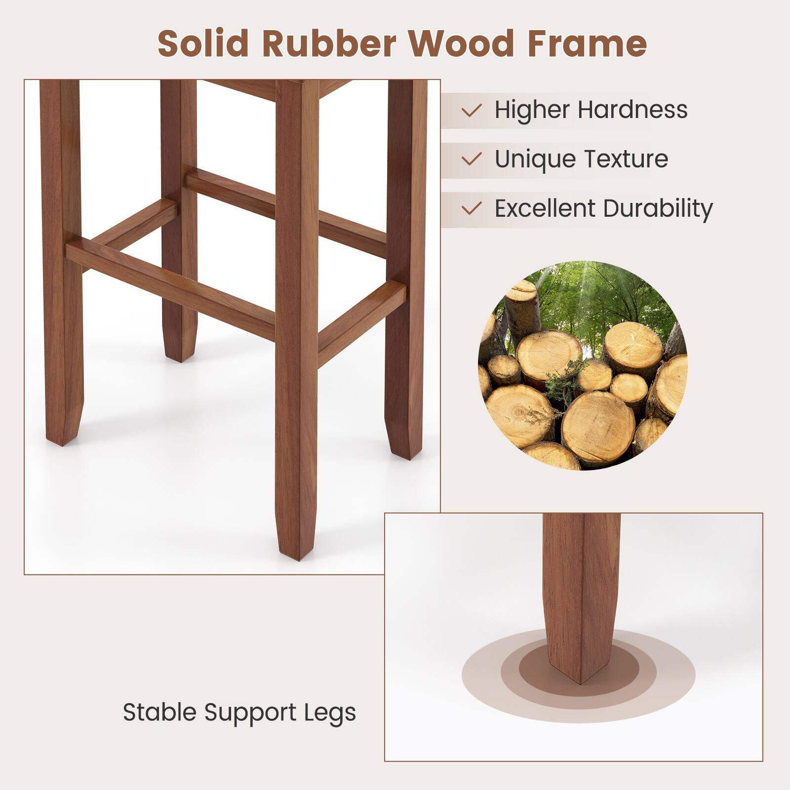 Solid Rubber Wood Frame

Higher Hardness
Unique Texture
Excellent Durability
Stable Support Legs