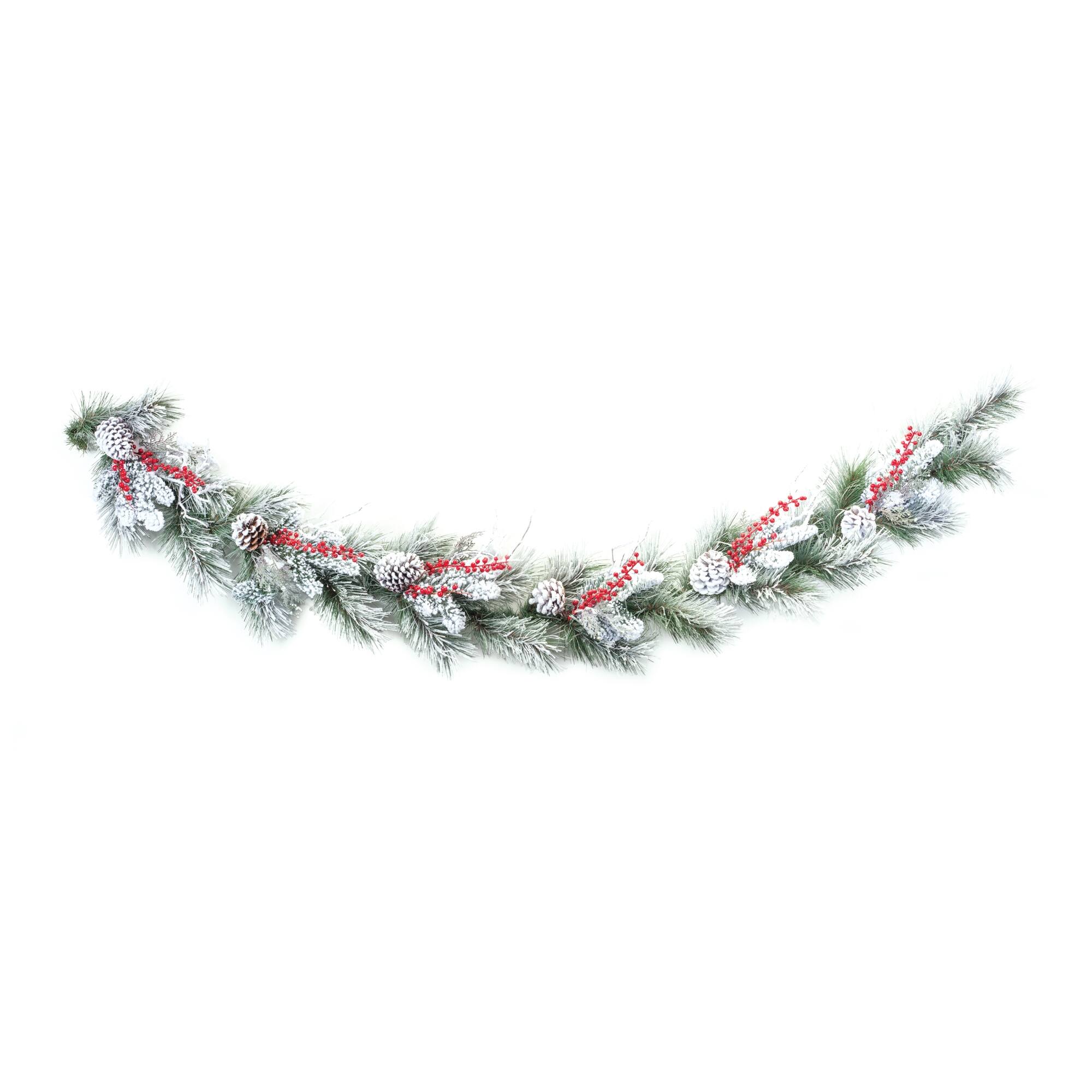 Left. BreeBe - Snowy Pine Berry Garland 6'L - Green, White..