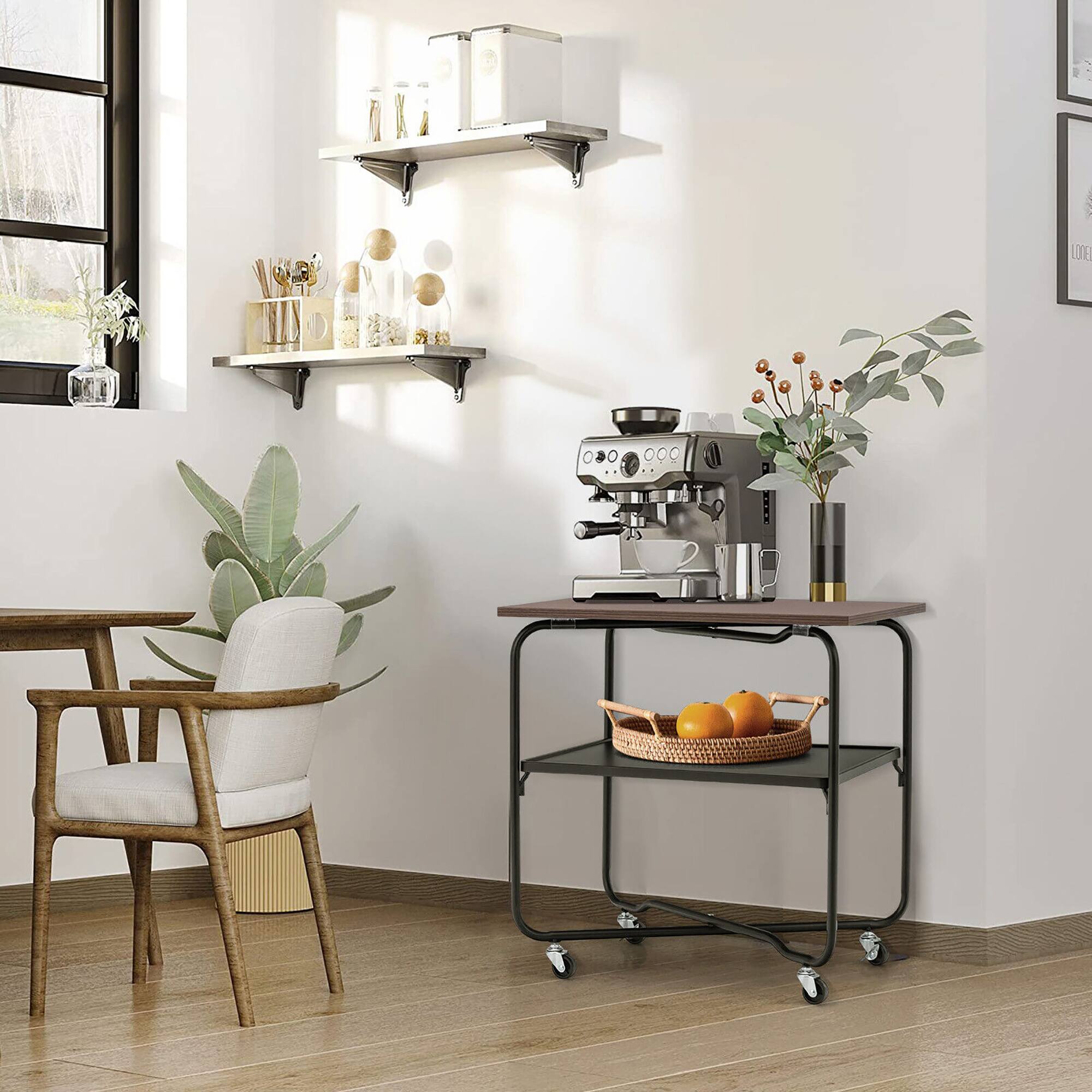 Alt View 2. Gymax - Gymax 2-Tier Folding Rolling Cart Kitchen Utility Cart Tool-Free Installing Brown - Black + Brown.