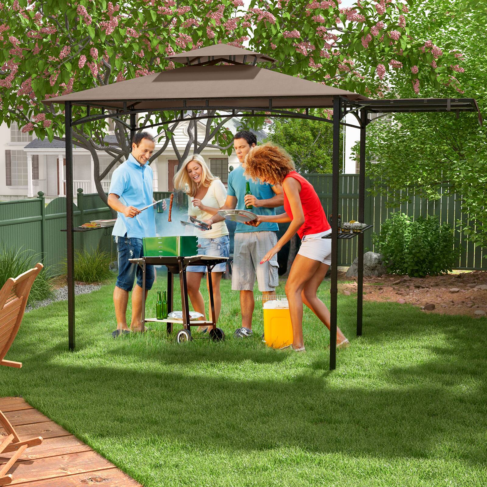Alt View 3. Gymax - Gymax 11 x 5 FT Grill BBQ Gazebo w/ Side Awning Double-Tiered Top 2 Side Shelves Brown - Brown.