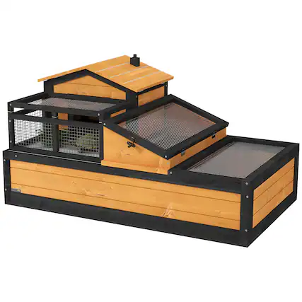Front. Pawhut - 3-Room Tortoise House Habitat with Balcony, 2 Stories, Wooden Enclosure, Ladder, Tray, Openable Roof.