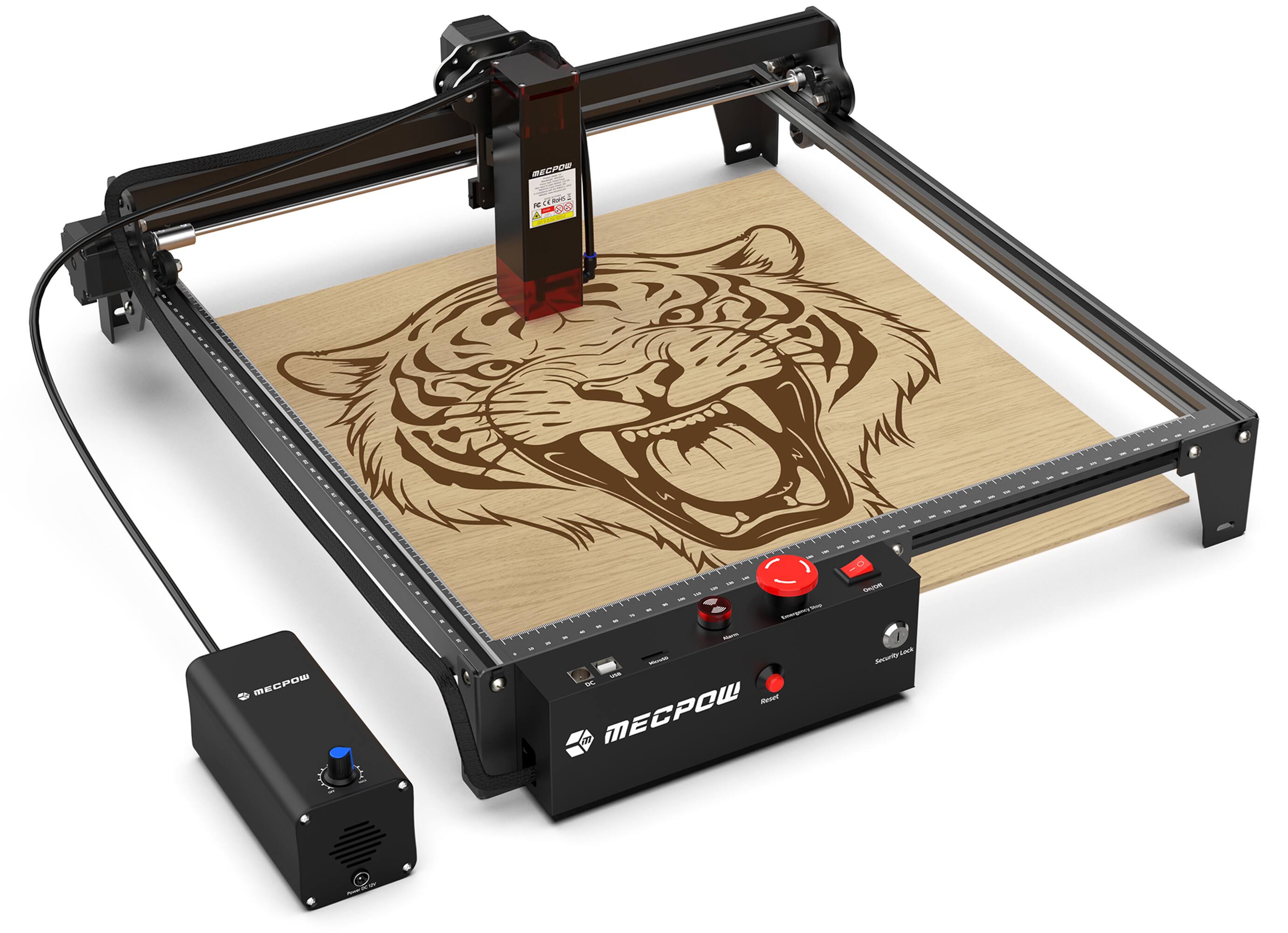 The image shows a tiger carving machine, which has a tiger design on it. The machine is designed to carve wood, and it is currently carving a wooden board. The machine is equipped with a red button, which is likely used to control the carving process. The tiger design on the machine adds a unique and creative touch to the carving process.