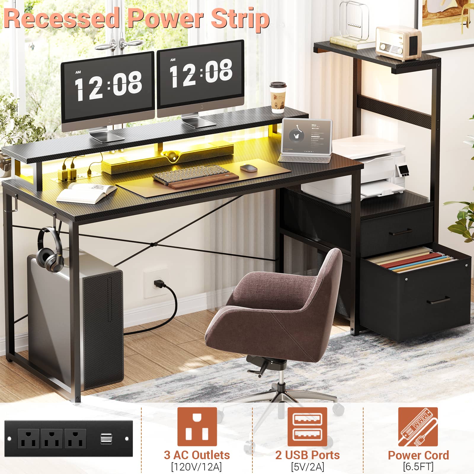 Aheaplus Gaming Desk with LED Lights and Power Outlets, 59