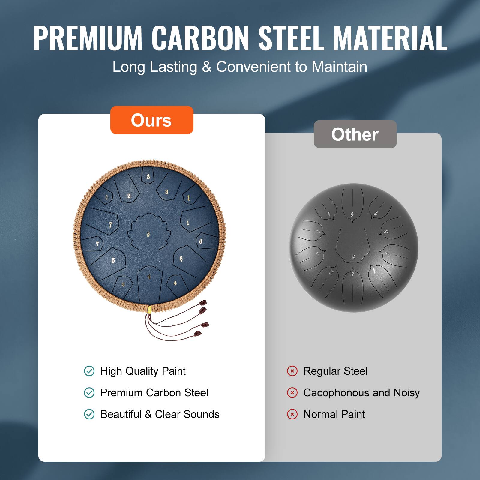 **PREMIUM CARBON STEEL MATERIAL**  
Long Lasting & Convenient to Maintain  

**Ours**  
- High Quality Paint  
- Premium Carbon Steel  
- Beautiful & Clear Sounds  

**Other**  
- Regular Steel  
- Cacophonous and Noisy  
- Normal Paint