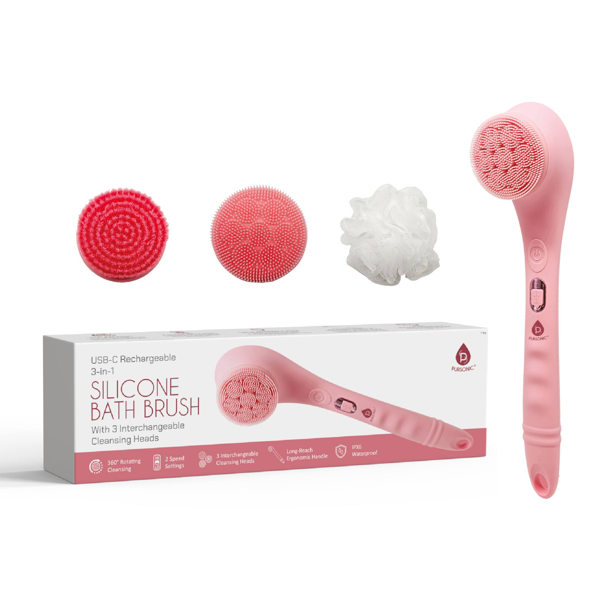 USB-C Rechargeable 3-in-1 SILICONE BATH BRUSH With 3 Interchangeable Cleansing Heads. Long-Reach Long Handle. Rotating 360° Cleansing. 2 Speed Settings. Ergonomic. Waterproof. IPX7.