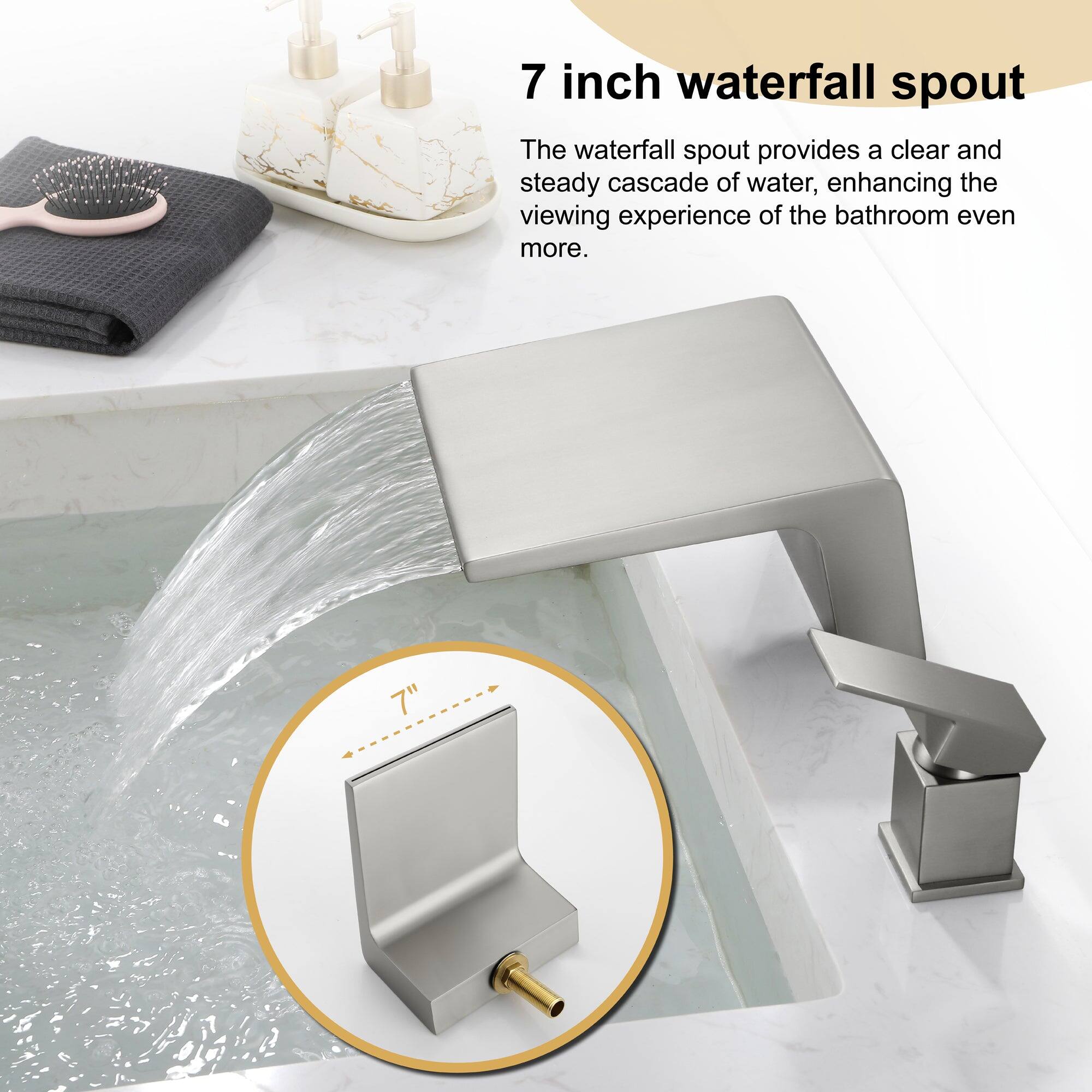 7 inch waterfall spout

The waterfall spout provides a clear and steady cascade of water, enhancing the viewing experience of the bathroom even more.