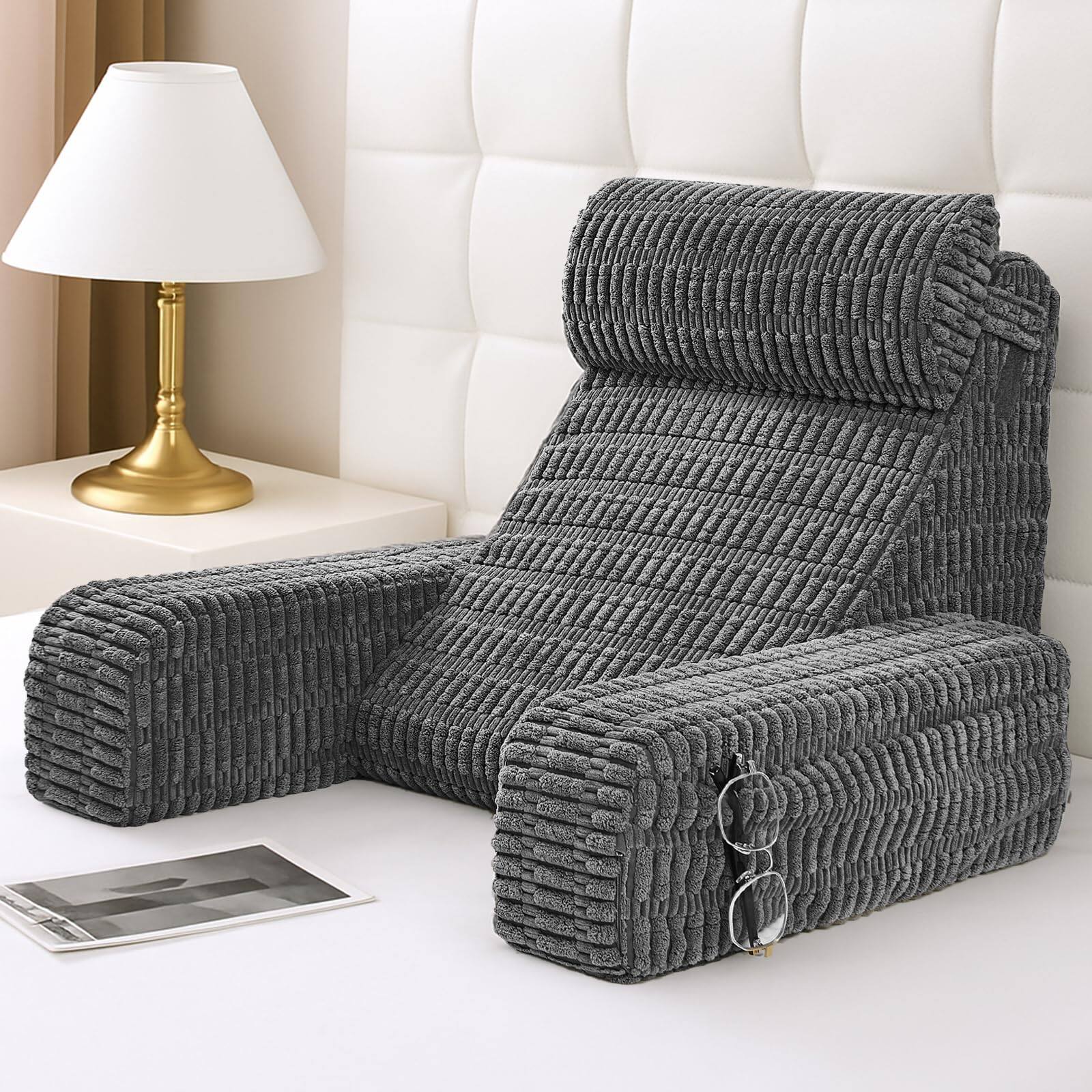 Front. MAGICAL RUBS - 19" Reading Pillow For Bed With Built-in Arms & Large Pockets Supportive Backrest Cushion Resting Or Reclining Washab... - Grey.