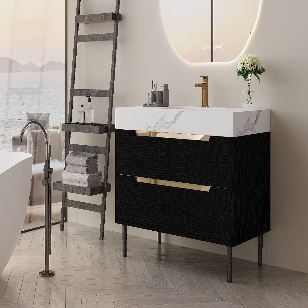 Angle. Loheer - Loheer 35.4 inch modern bathroom vanity with undermount sink, Sintered Stone Top, 4 Drawers, Black - Black, White.