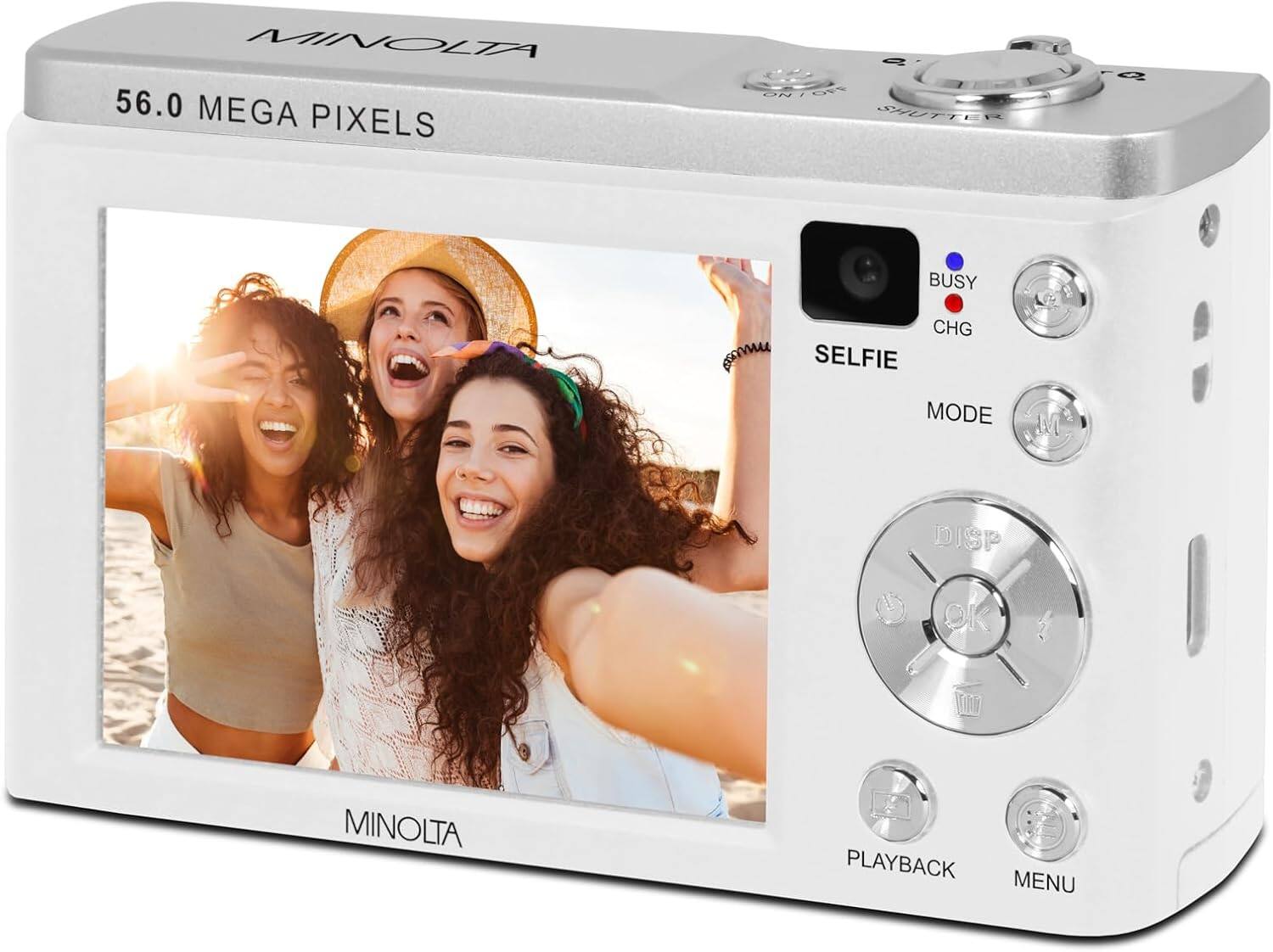 MINOLTA  
56.0 MEGA PIXELS  

SELFIE MODE  
BUSY CHG  

DISP OK  

PLAYBACK MENU
