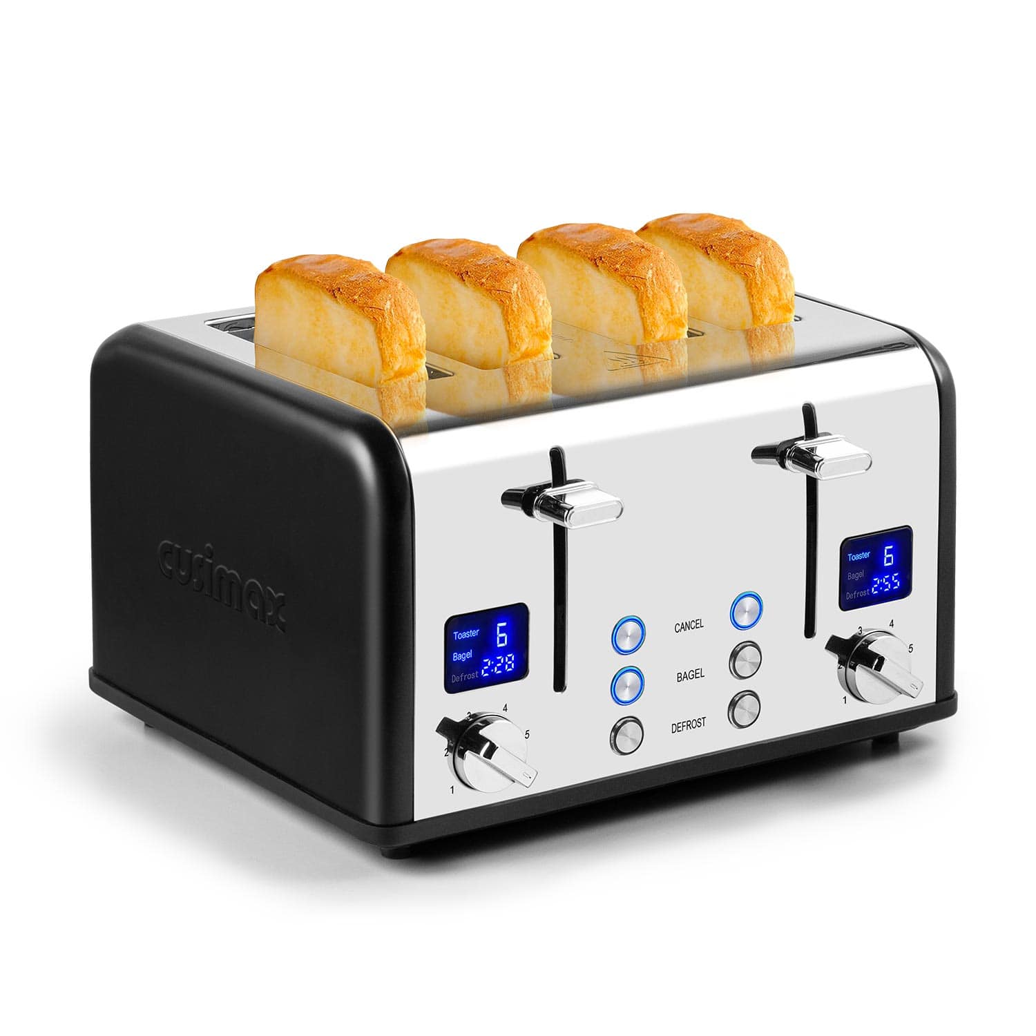 Cusimax - 4-Slice Multi-Functions Toaster with 6-Browning Settings, LED Display - Black