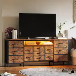 GAOMON - 70" Long Dresser TV Stand for 65–80" TVs, Entertainment Center with 13 Drawers, Power Outlets & LED Lighting - Brown