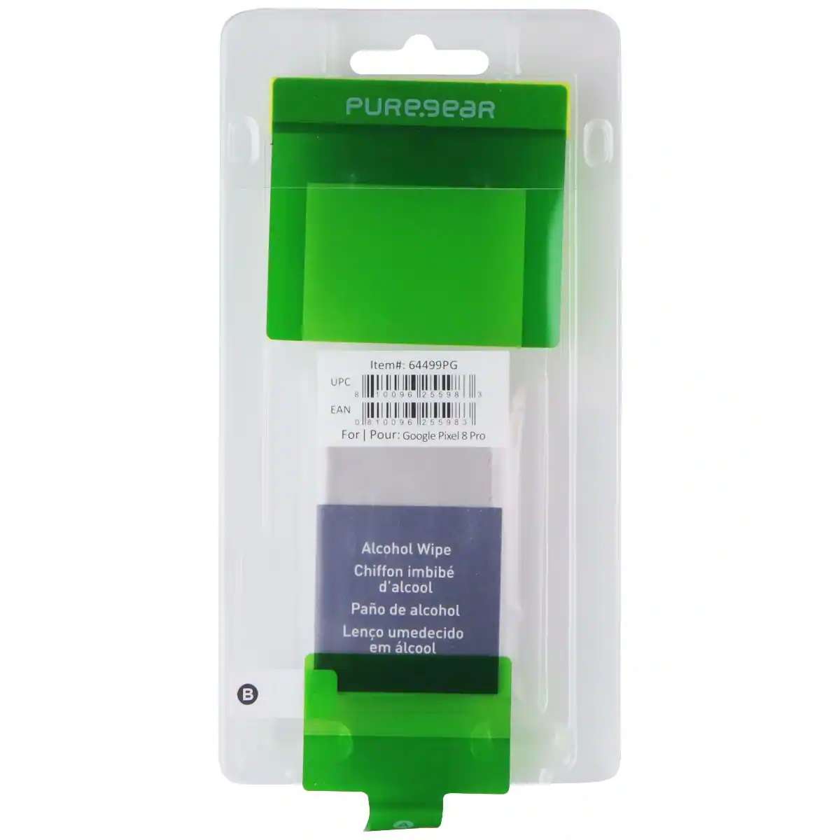 PURE9eaR  
Item#: 64499PG  
UPC: 0096 25598 1  
EAN: 1 0096 25598 3  

For | Pour: Google Pixel 8 Pro  
Alcohol Wipe  
Chiffon imbibé d'alcool  
Pano de álcool  
Lenço umedecido em álcool