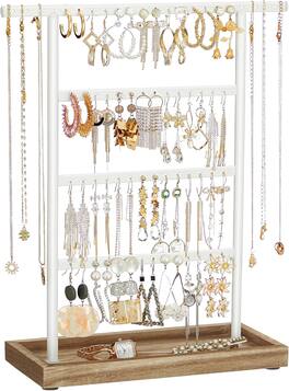 Songmics Home - 4-Tier Earring Holder Stand with Base Tray for Studs and Necklaces Wood Color and White - Wood