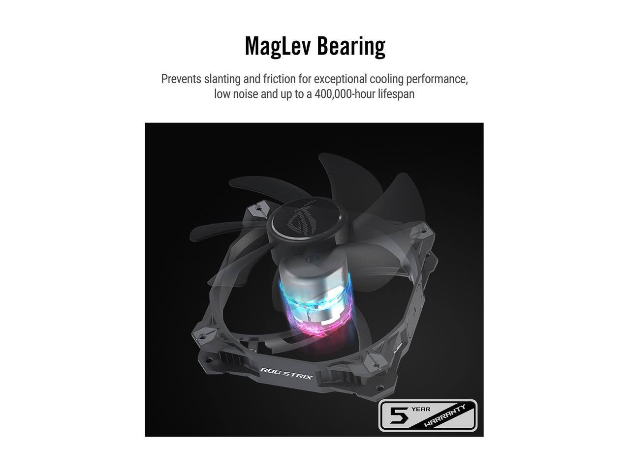 MagLev Bearing

Prevents slanting and friction for exceptional cooling performance, low noise and up to a 400,000-hour lifespan

ROG STRIX

5 YEAR WARRANTY
