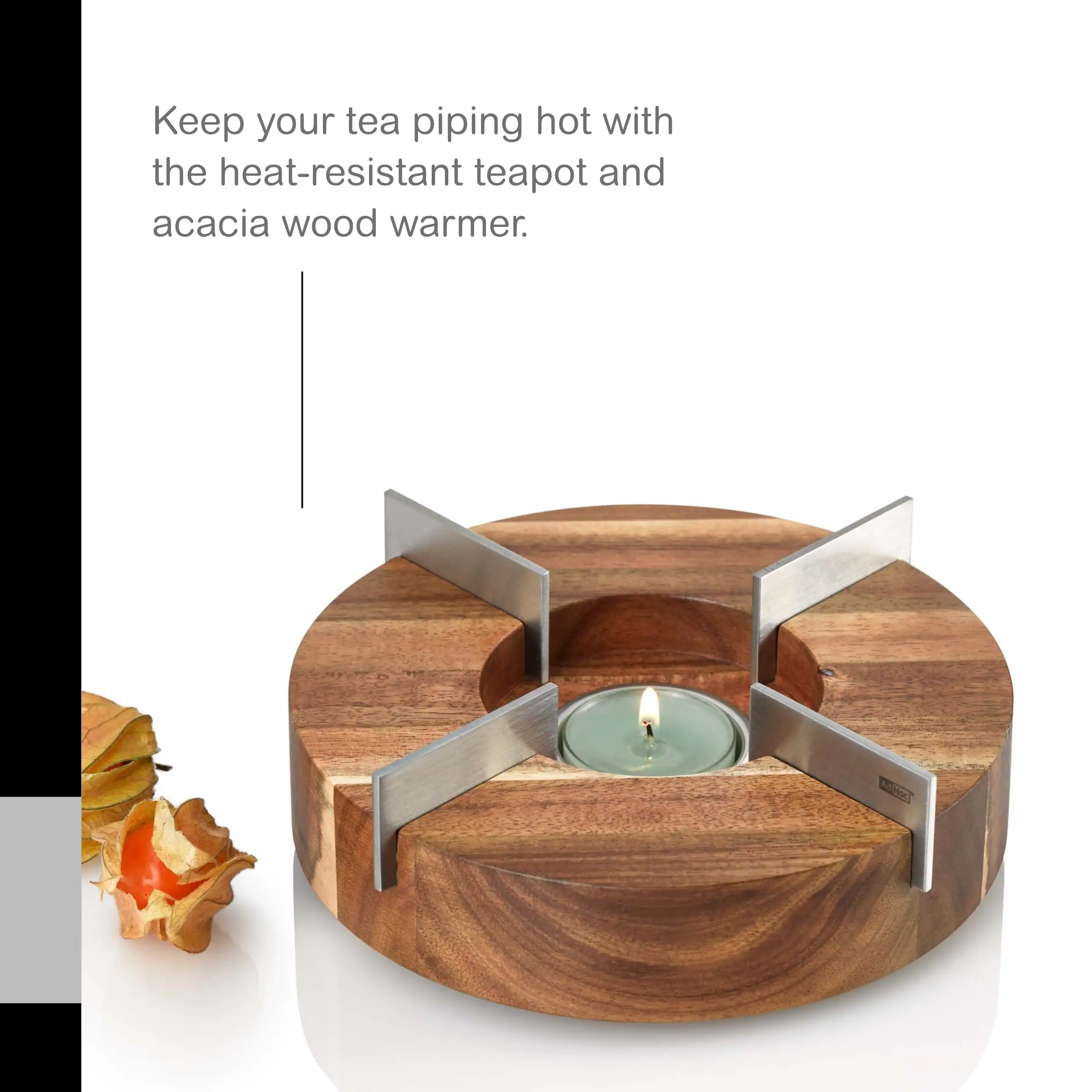 Keep your tea piping hot with the heat-resistant teapot and acacia wood warmer.
