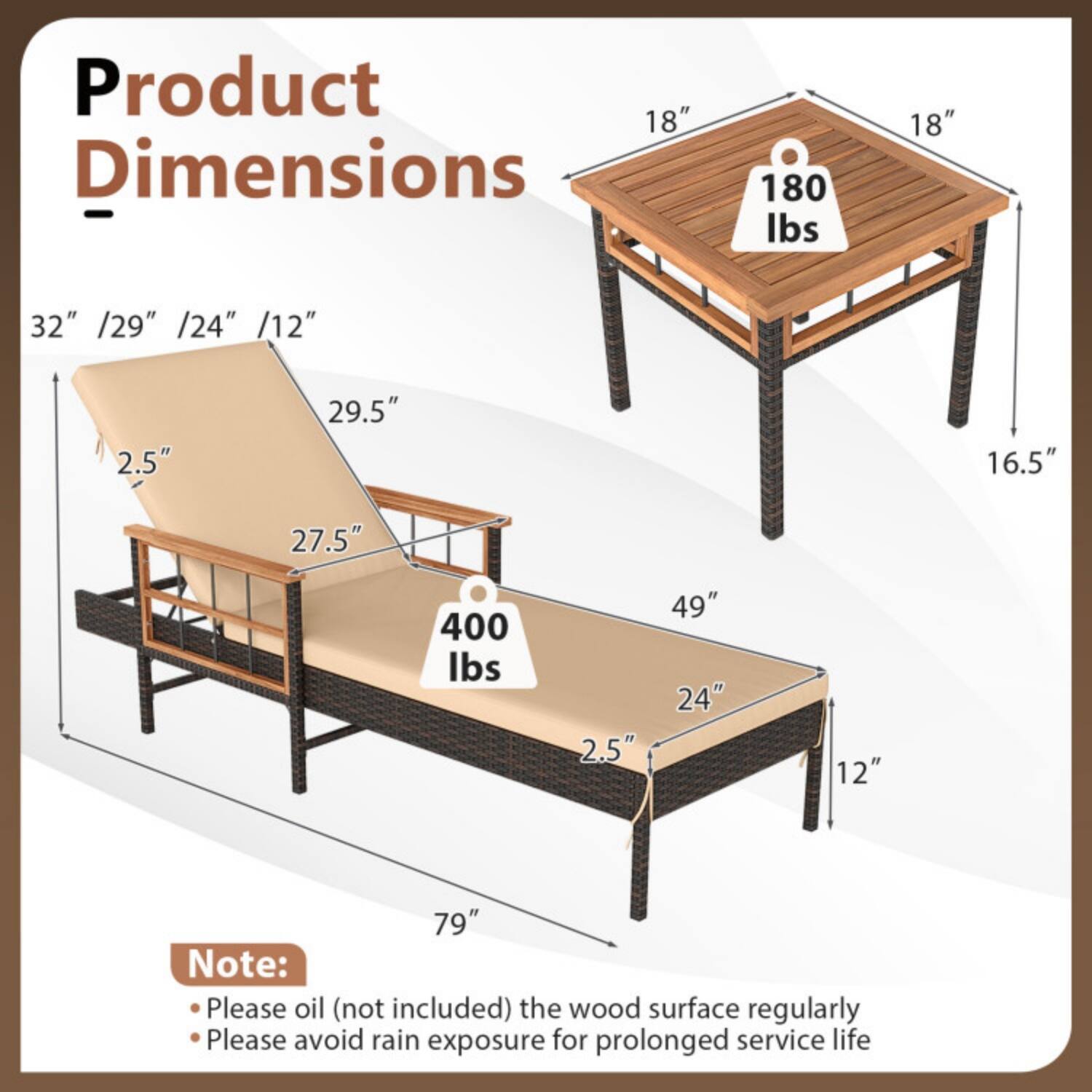 Product Dimensions

- 18" x 18" x 16.5" (180 lbs)
- 32" / 29" / 24" / 12" x 2.5" x 29.5" x 27.5" x 400 lbs
- 49" x 24" x 12" x 79"

Note:
- Please oil (not included) the wood surface regularly
- Please avoid rain exposure for prolonged service life