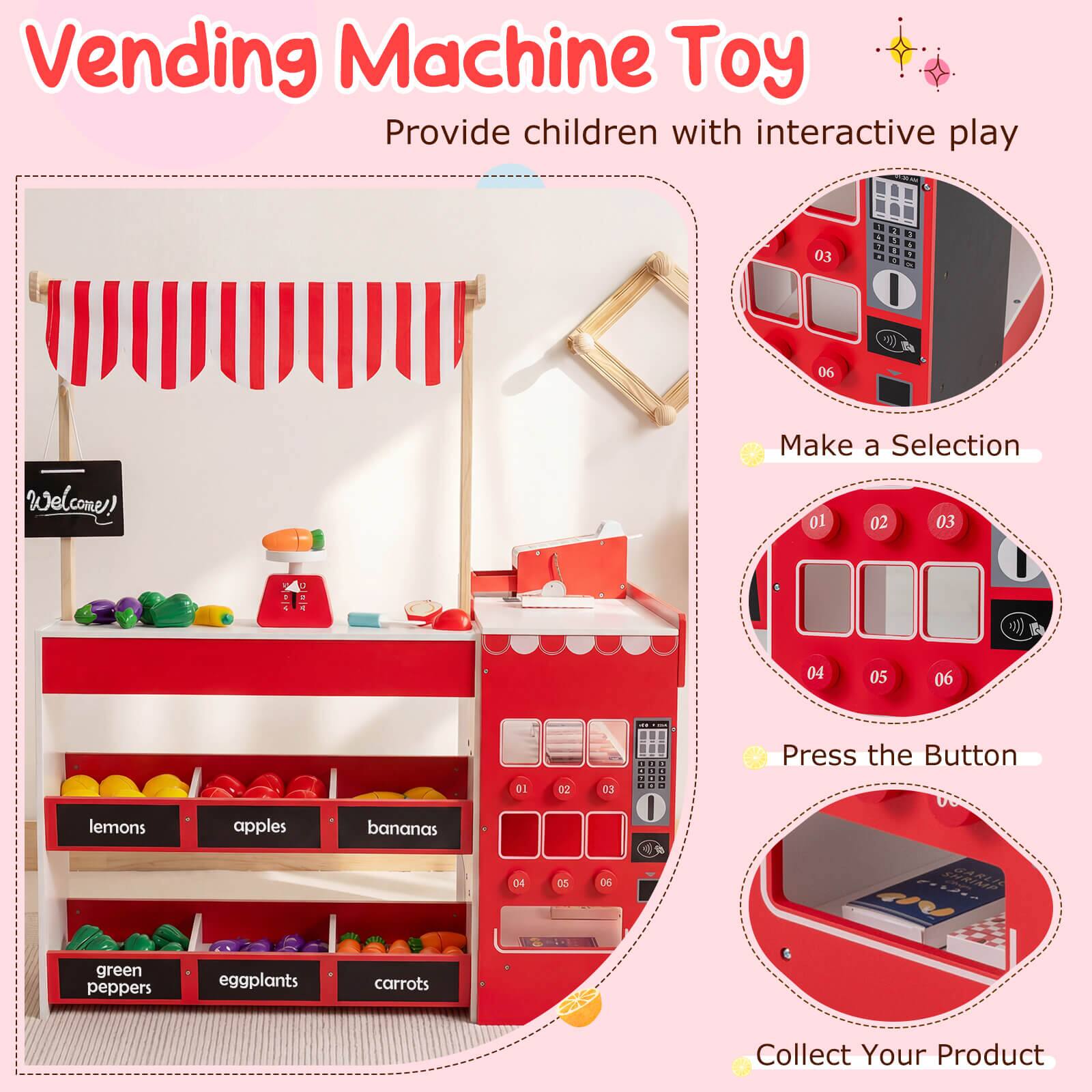 Vending Machine Toy  
Provide children with interactive play

- Make a Selection
- Press the Button
- Collect Your Product

01 02 03  
04 05 06

lemons apples bananas  
green peppers eggplants carrots