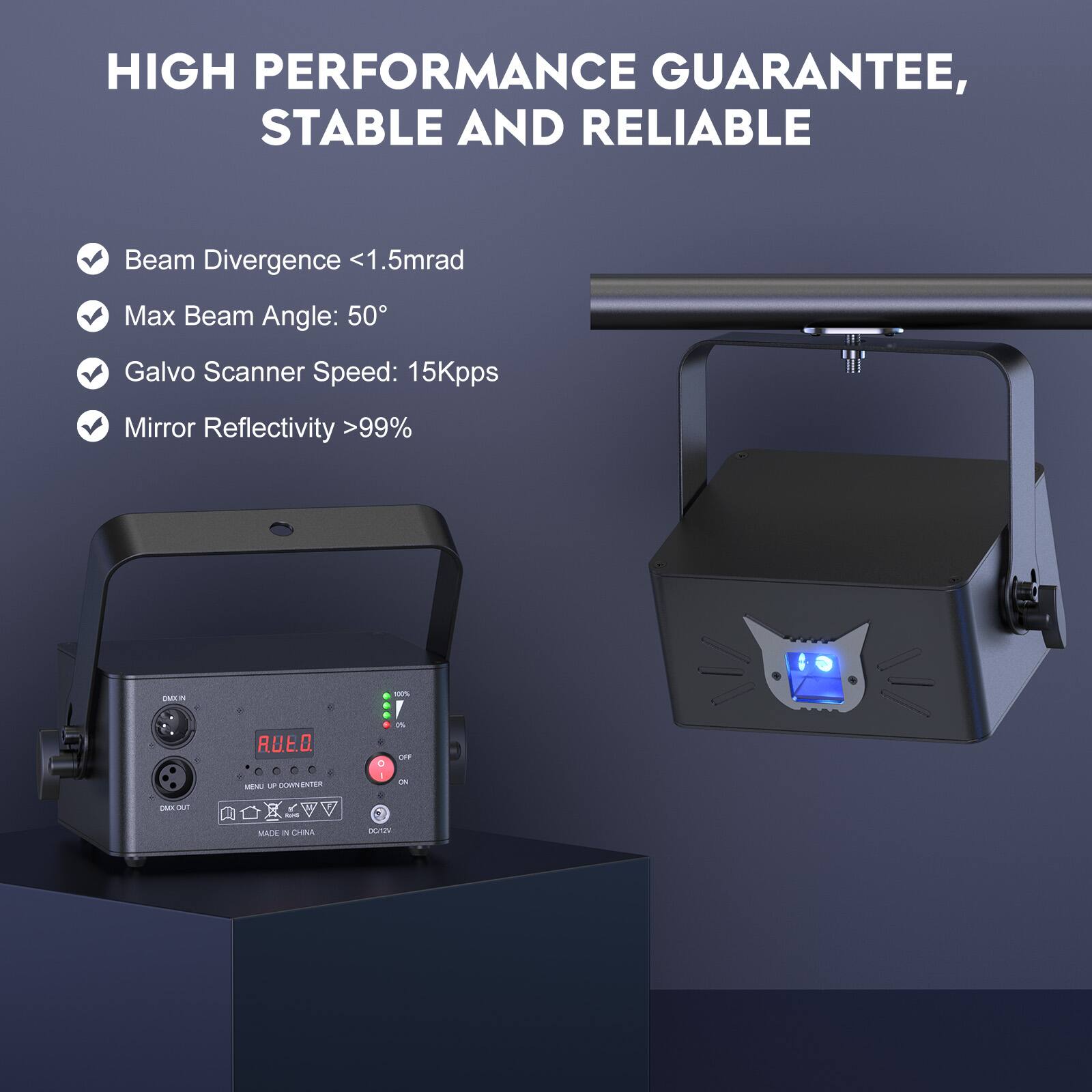HIGH PERFORMANCE GUARANTEE,  
STABLE AND RELIABLE

- Beam Divergence <1.5mrad
- Max Beam Angle: 50°
- Galvo Scanner Speed: 15Kpps
- Mirror Reflectivity >99%
