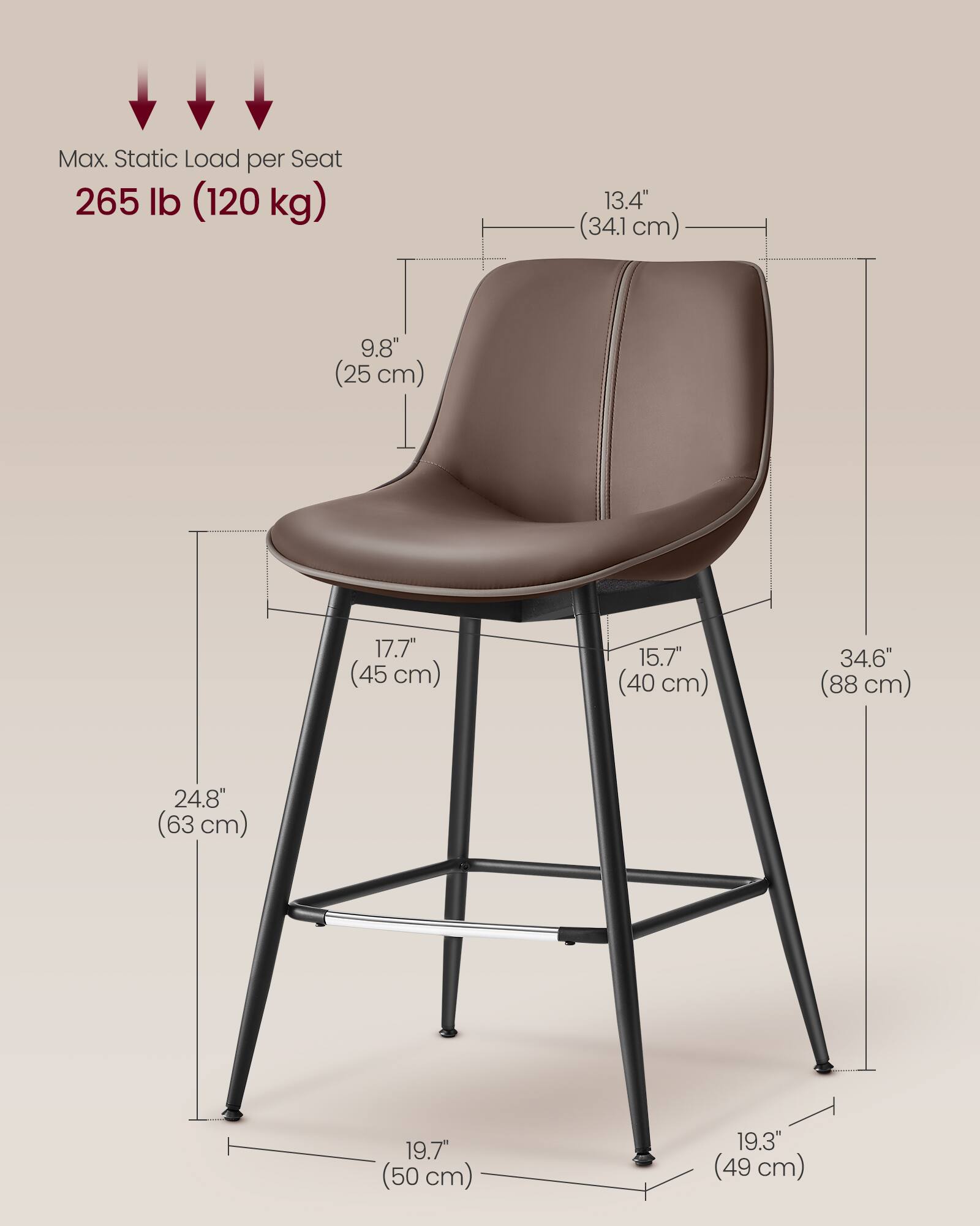 Max. Static Load per Seat: 265 lb (120 kg)

- 13.4" (34.1 cm)
- 9.8" (25 cm)
- 17.7" (45 cm)
- 15.7" (40 cm)
- 34.6" (88 cm)
- 24.8" (63 cm)
- 19.7" (50 cm)
- 19.3" (49 cm)