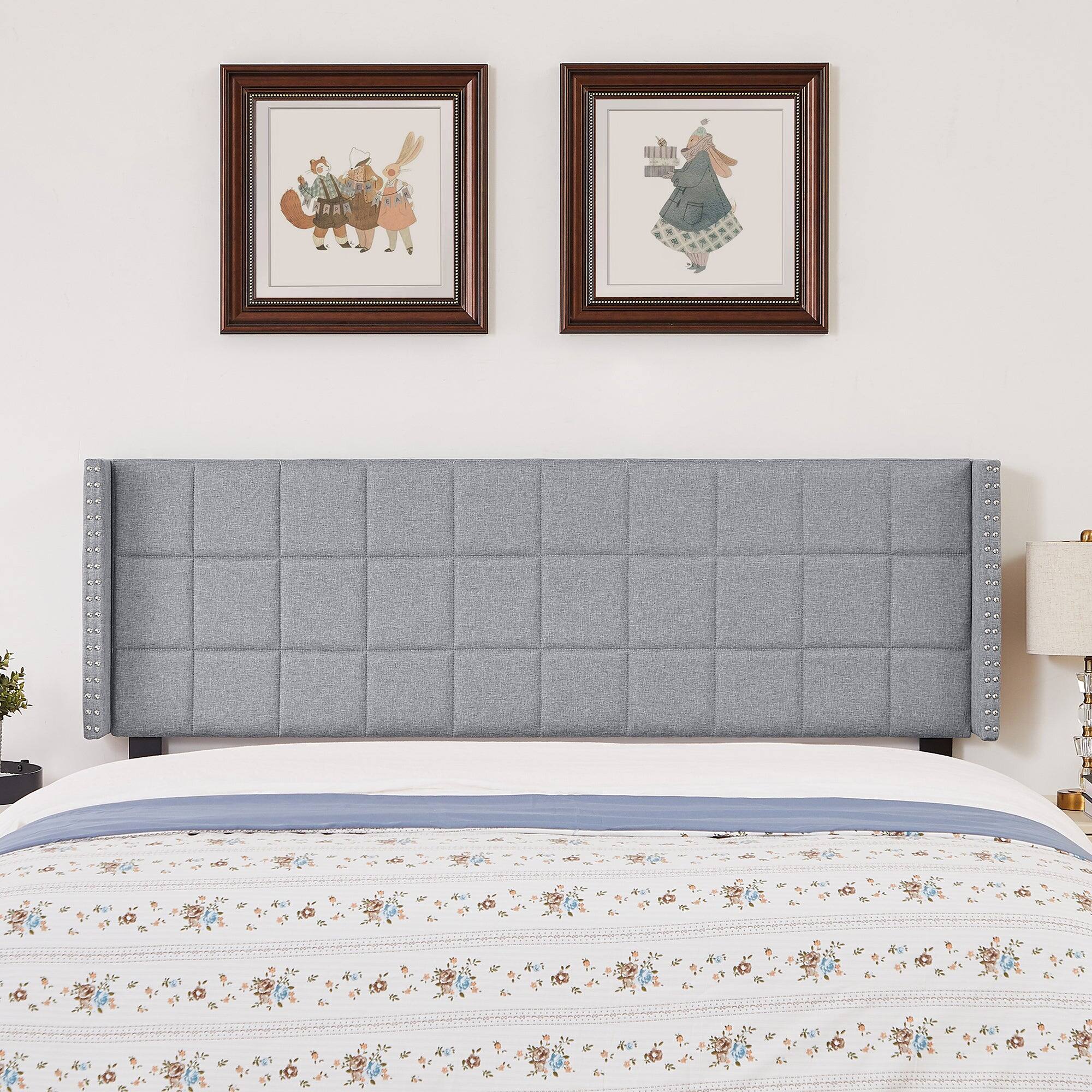 Alt View 2. Vecelo - Adjustable Linen Queen Headboard with Wingback, Tufted Upholstered Design for King or Queen Bed, Nailhead Trim - Light Grey.