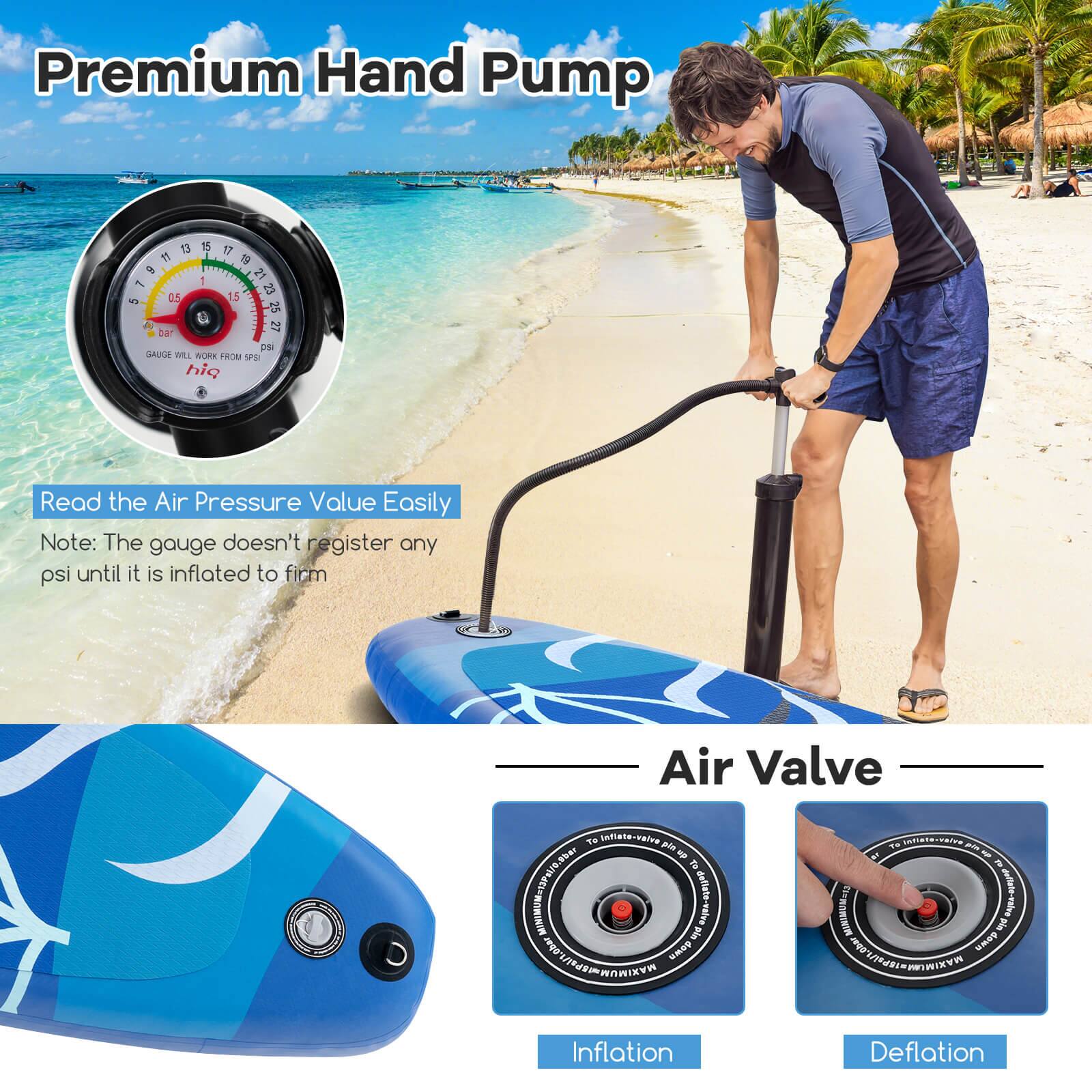 Premium Hand Pump

Read the Air Pressure Value Easily  
Note: The gauge doesn't register any psi until it is inflated to firm

Air Valve

Inflation  
Deflation