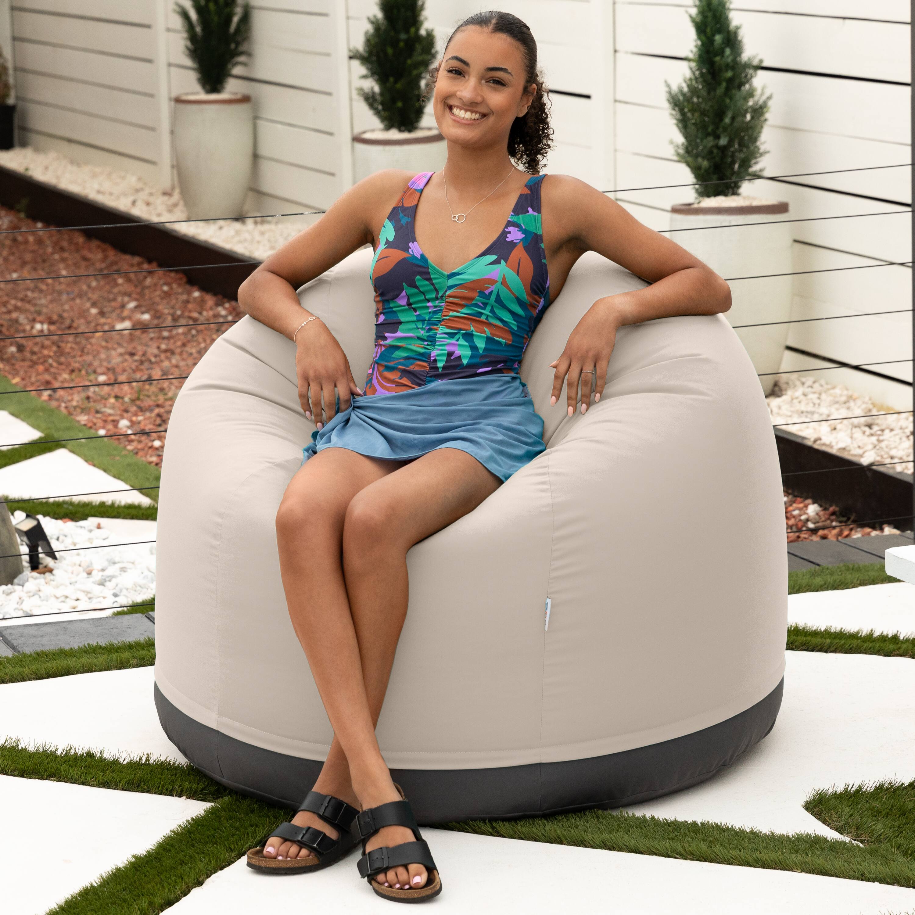 Angle. Jaxx - Jaxx Palmetto Large Round Outdoor Bean Bag Club Chair - Pearl - Pearl.