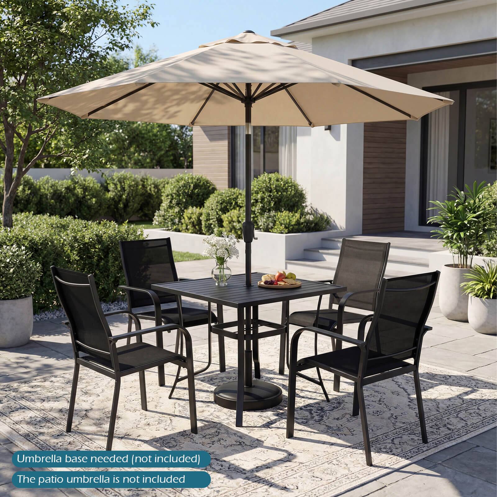 Umbrella base needed (not included)  
The patio umbrella is not included