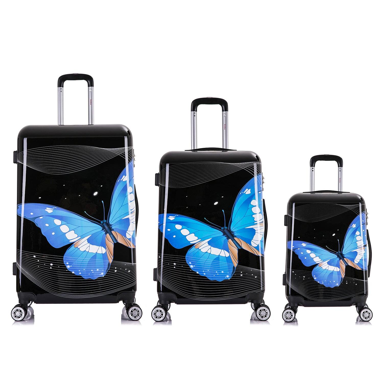 Angle. InUSA - Black Butterfly Prints  Lightweight Hardside spinner 3 Piece Luggage Set 20"/24"/28" - BLACK BUTTERFLY.