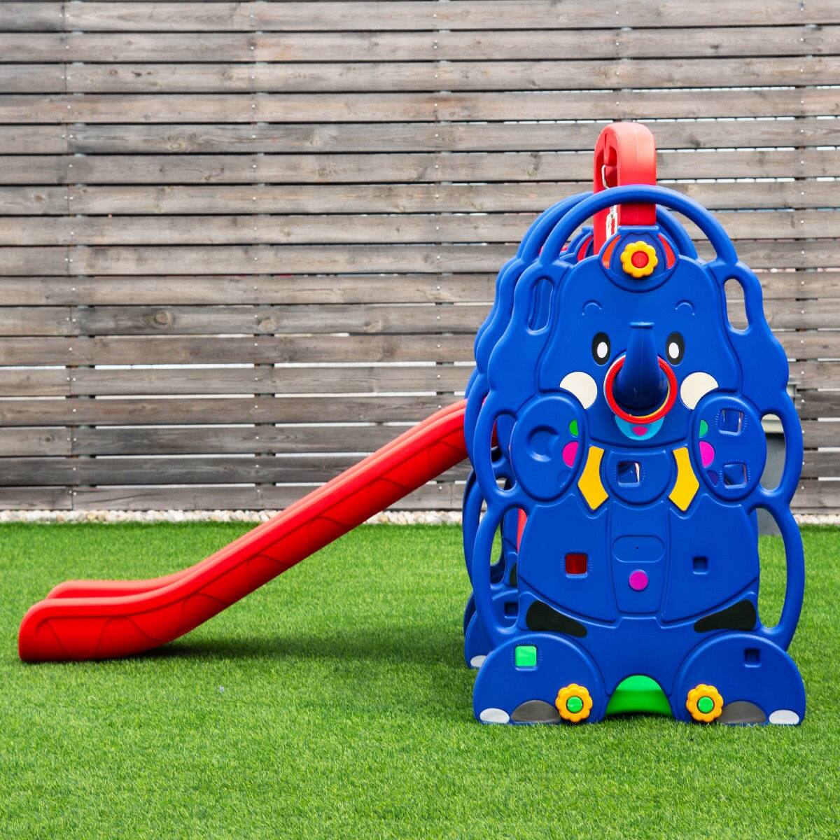 Left. SlickBlue - 3-in-1 Junior Kids Climber with Slide, Swing Seat, and Basketball Hoop - HDPE.