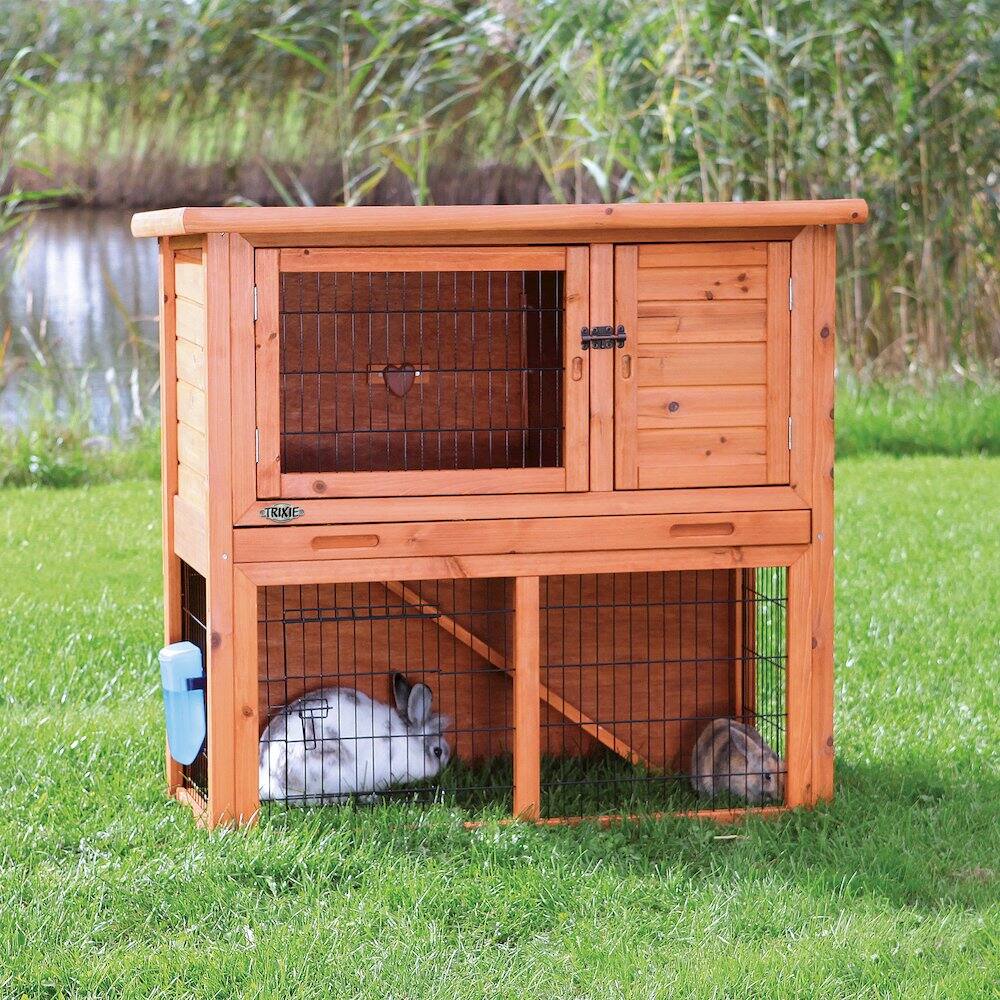 Left. TRIXIE - Weatherproof Outdoor 2-Story Medium Wooden Small Animal Hutch - Brown.