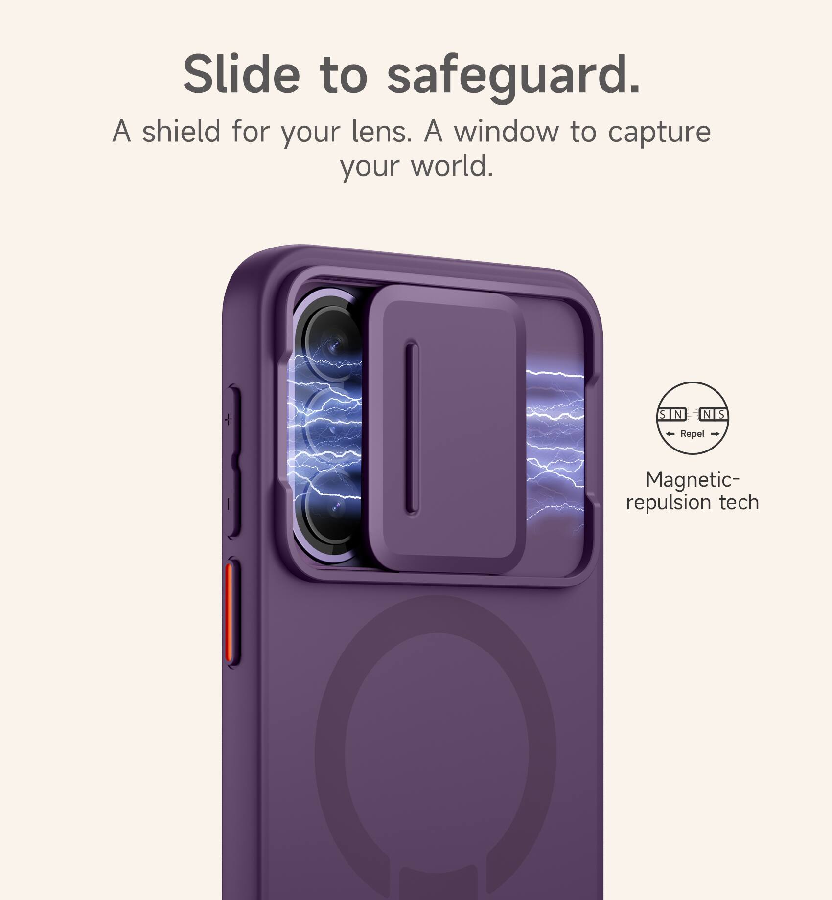 Slide to safeguard.  
A shield for your lens. A window to capture your world.  
S N N S Repel  
Magnetic-repulsion tech