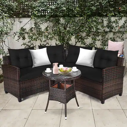 Front. Gymax - Gymax 4PCS Patio Furniture Set Outdoor Rattan Sectional Sofa Set w/ Black Cushions - Black.