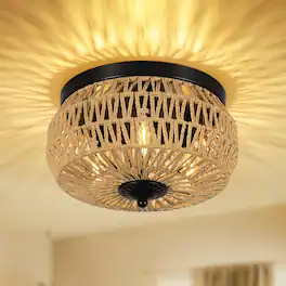 ELEMENT ACE - Hand-Woven Rattan Flush Mount Ceiling Light Fixture with Three Lights for Indoor and Outdoor Use - Brown