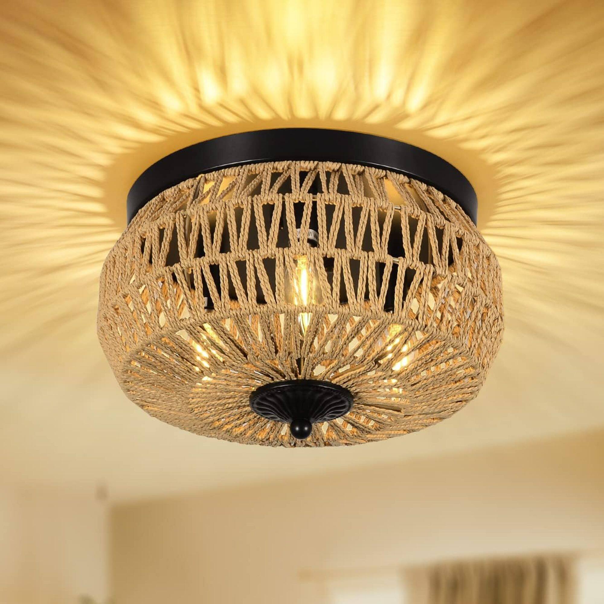 Front. ELEMENT ACE - Hand-Woven Rattan Flush Mount Ceiling Light Fixture with Three Lights for Indoor and Outdoor Use - Brown.