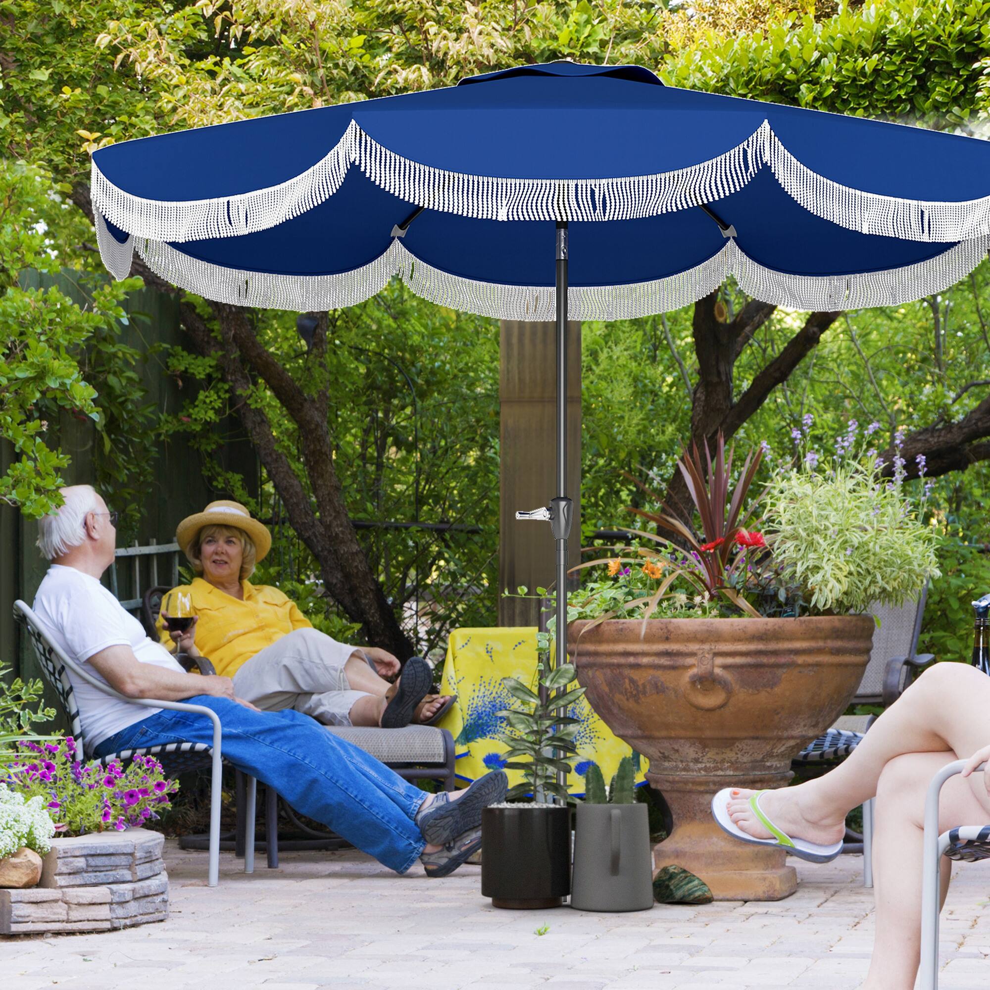Angle. Outsunny - 9FT Patio Umbrella, UPF 30+ Outdoor Market Umbrella with Crank, 8 Ribs, Push Button Tilt, Vented Patio Table Umbrella - Navy Blue.