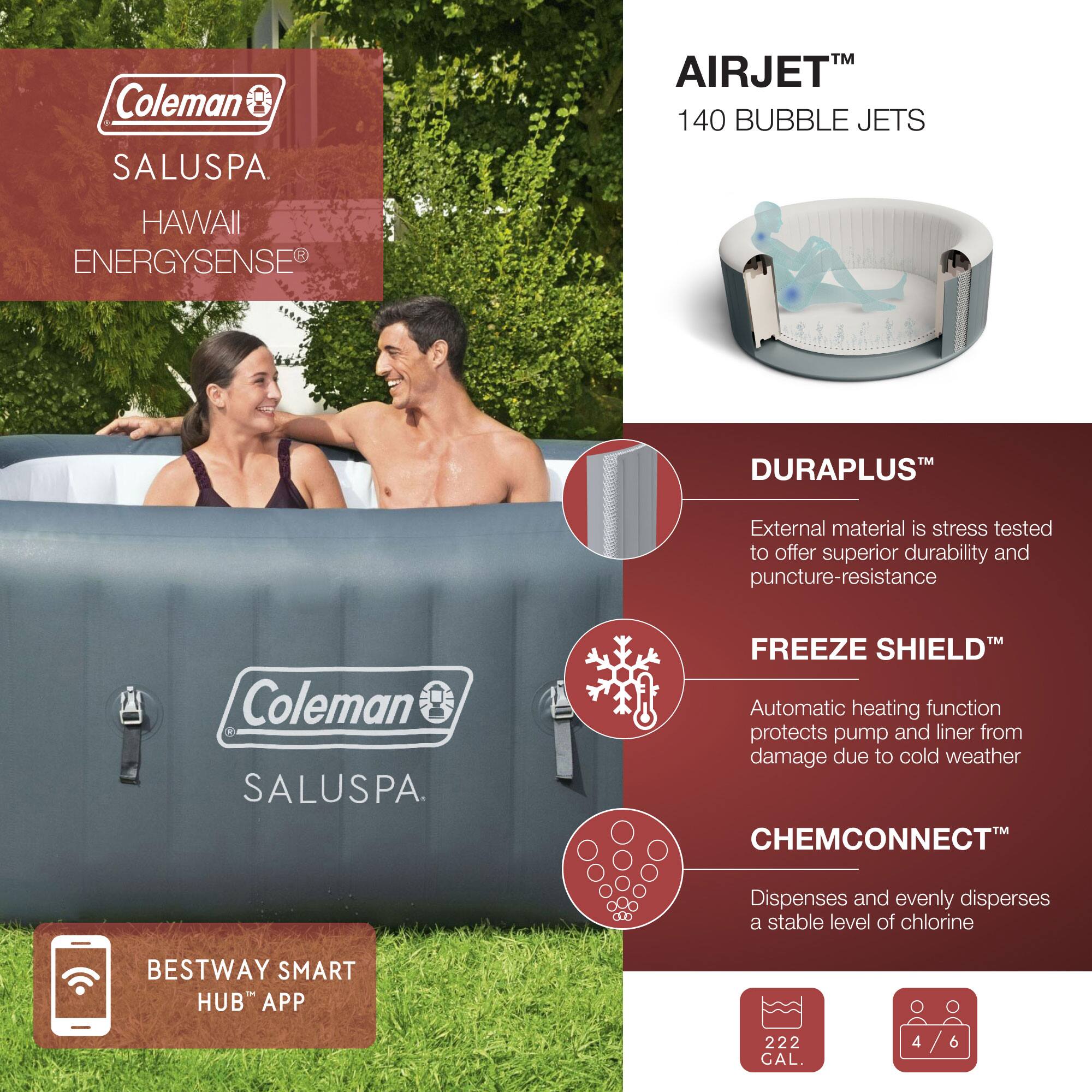 Coleman Hawaii AirJet Square Inflatable Hot Tub with EnergySense
