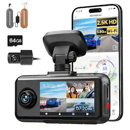 REDTIGER - A6-3 channel 4K/2.5K Touch Screen Dash Cam, GPS,5.8G WiFi, 64GB - Dark Black