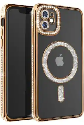 Front. Entronix - Entronix Magnetic Case for iPhone 11 - Clear Back with Luxury Rhinestones - Gold.