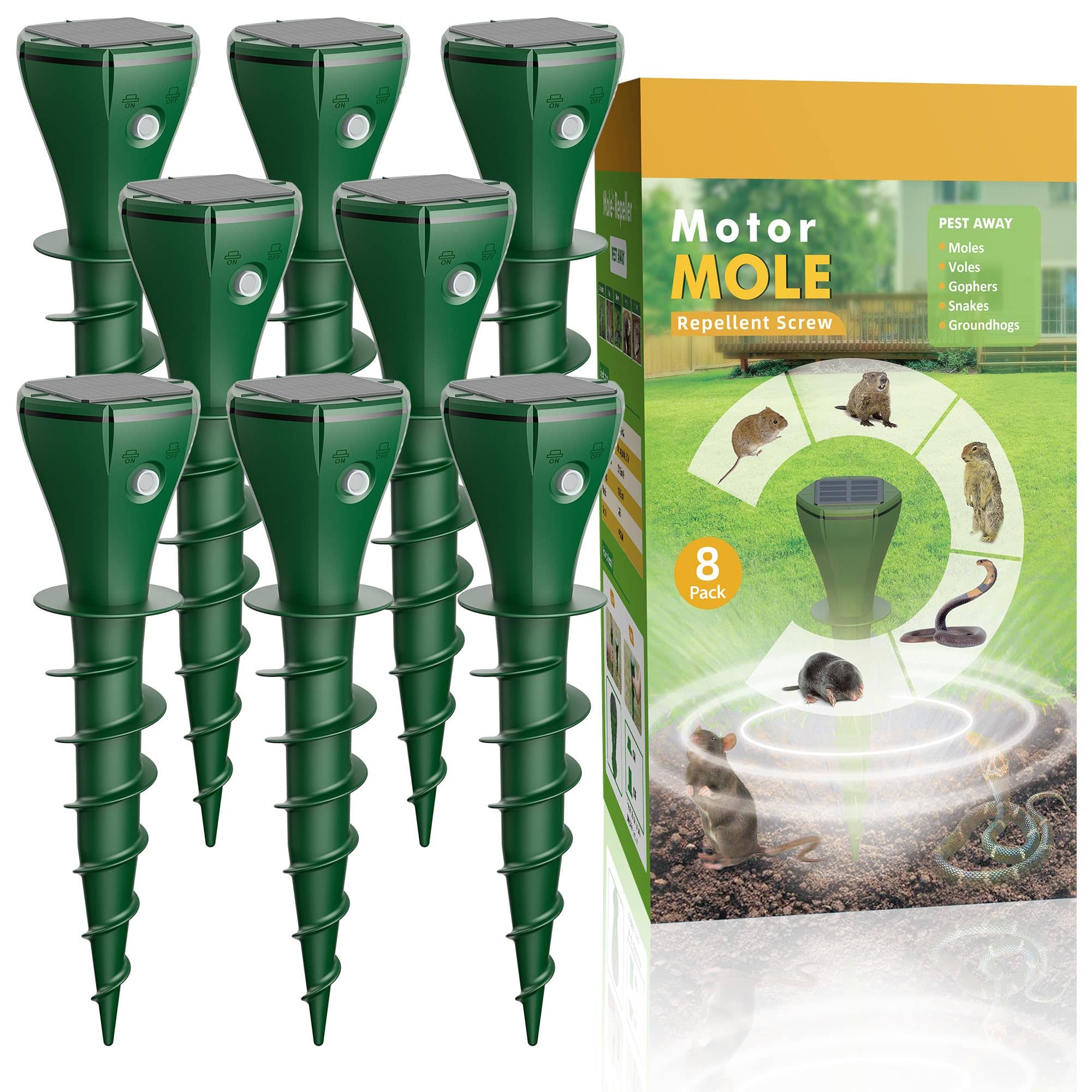 8-Pack Solar Mole & Gopher Repellent Stakes, Waterproof Sonic Vibration - Repels Groundhogs, Voles, Snakes