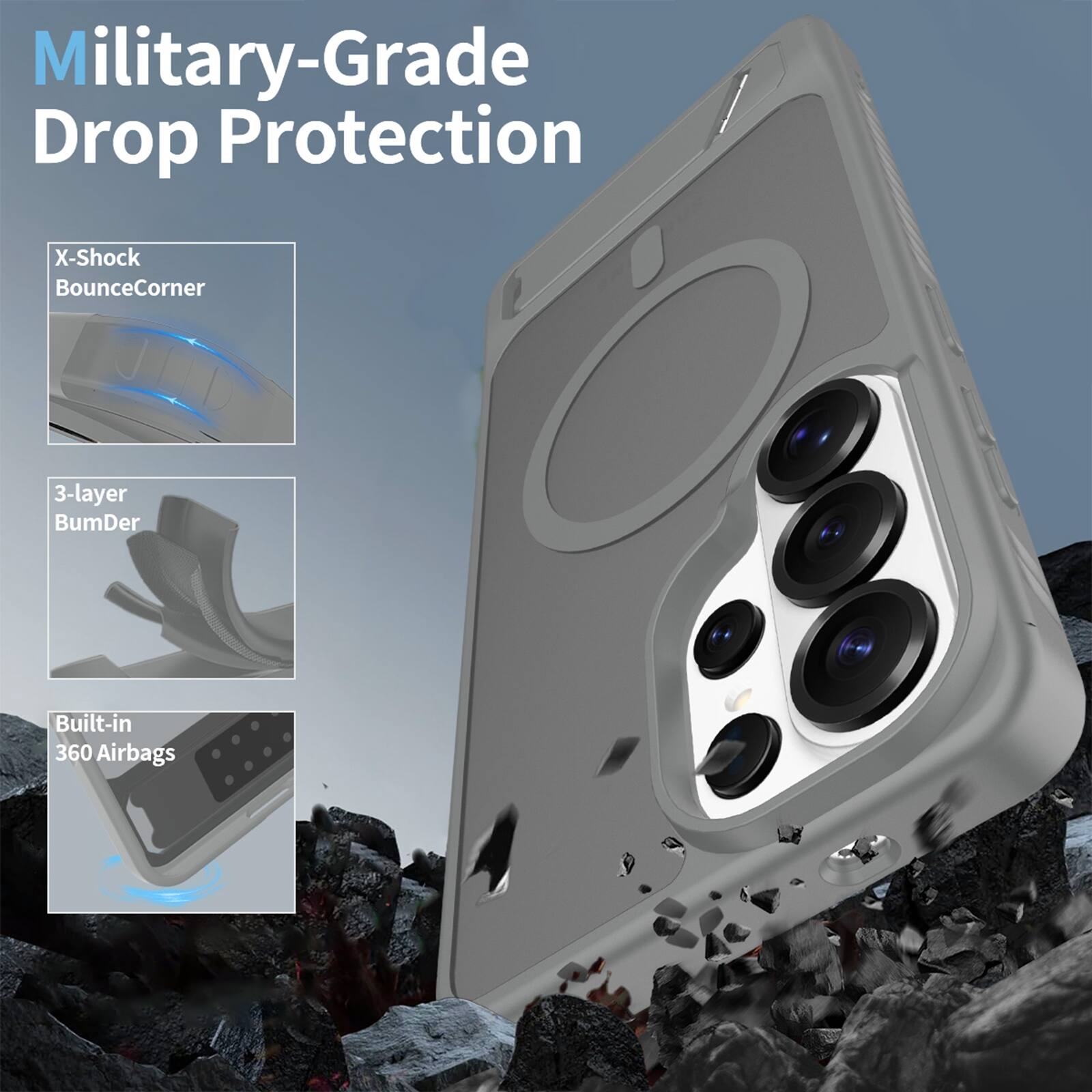 Military-Grade Drop Protection  
X-Shock BounceCorner  
3-layer BumDer  
Built-in 360 Airbags