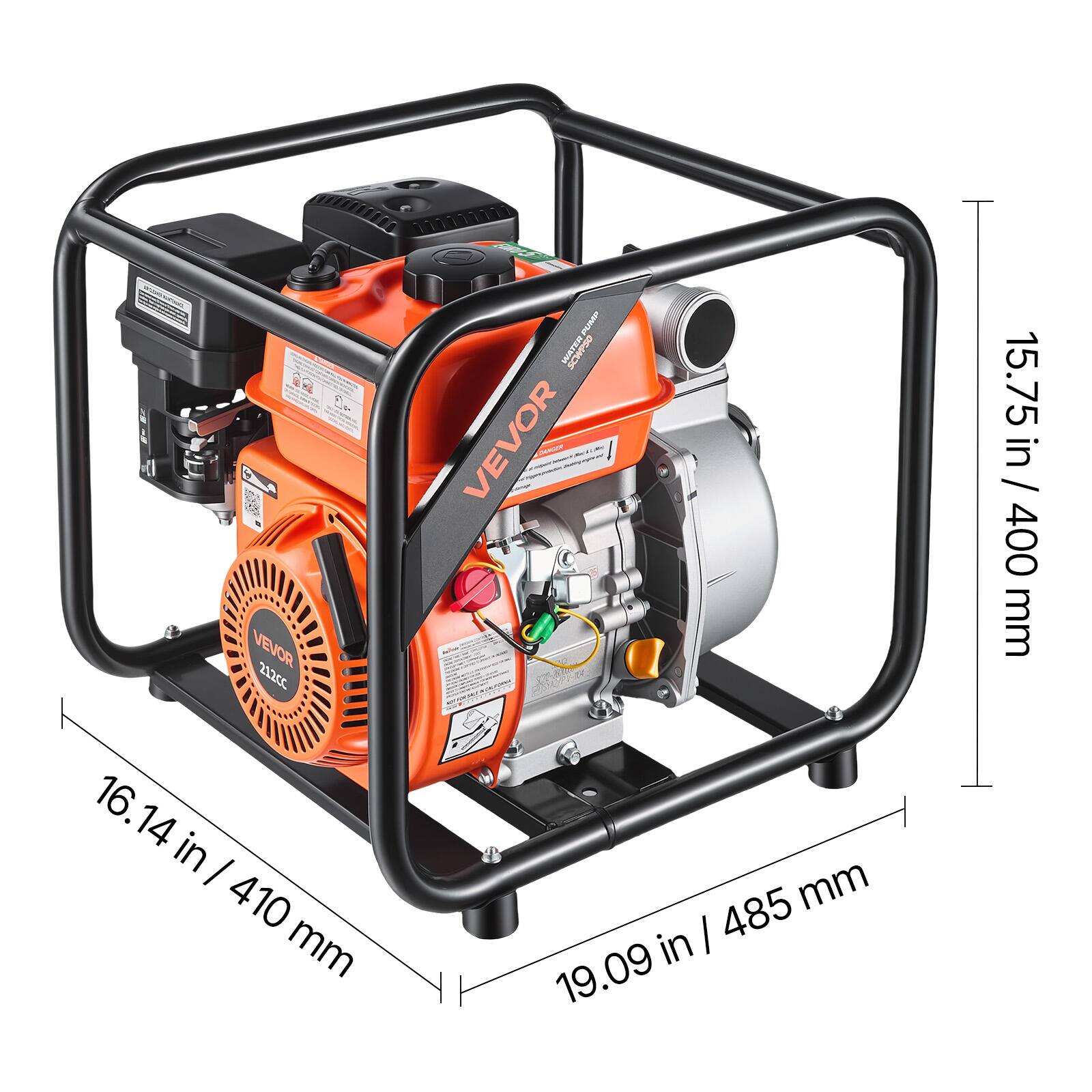 De VEVOR 212cc AUMP WATER  
15.75 in / 400 mm  
16.14 in / 410 mm  
19.09 in / 485 mm