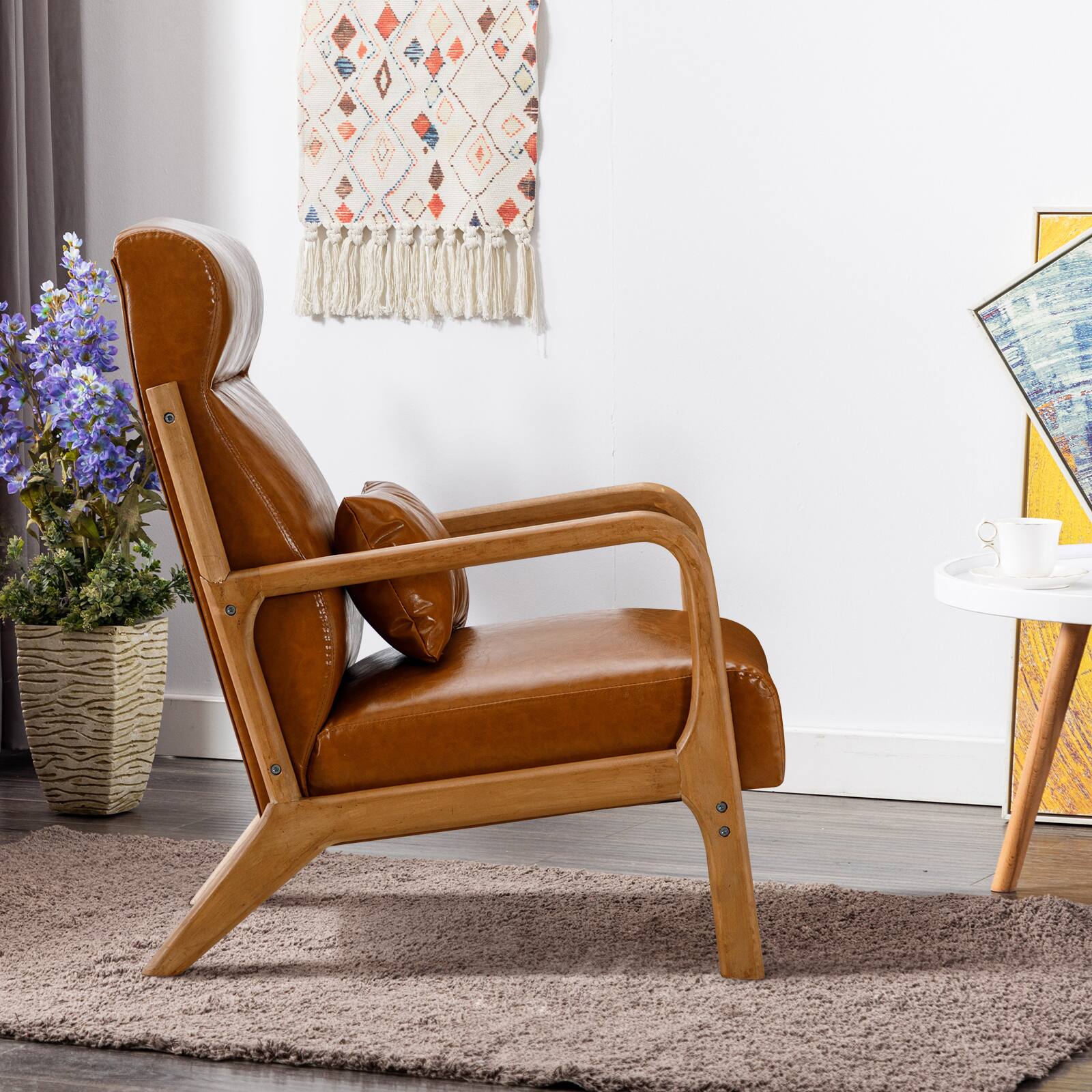 Alt View 12. Bestier - Mid-Century Upholstered Accent Chair with Wooden Frame and High Back, Pillow, and Waist Cushion - Brown.