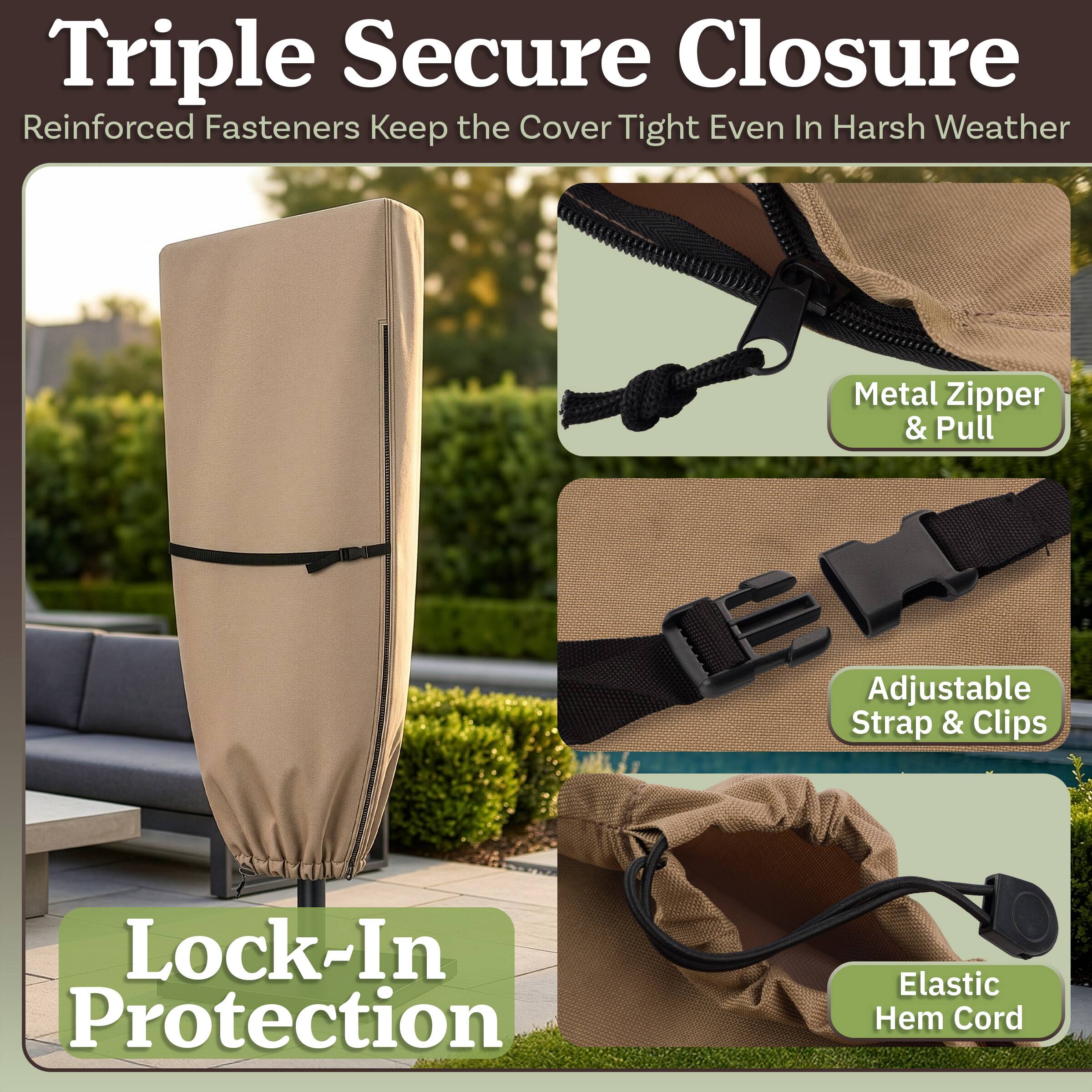 Triple Secure Closure  
Reinforced Fasteners Keep the Cover Tight Even In Harsh Weather  
Metal Zipper & Pull  
Adjustable Strap & Clips  
Lock-In Protection  
Elastic Hem Cord