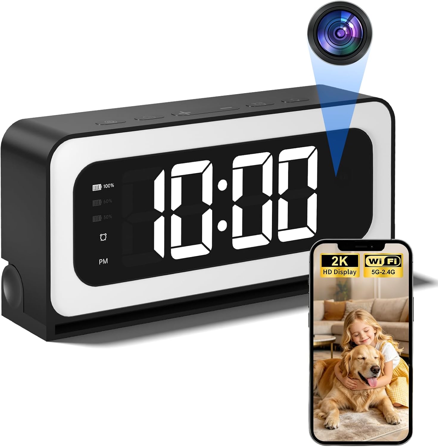 Core Tech - 2K Dual-Band Wi-Fi Alarm Clock Indoor Security Monitor with Full-Color Night Vision and Motion Alerts - Black