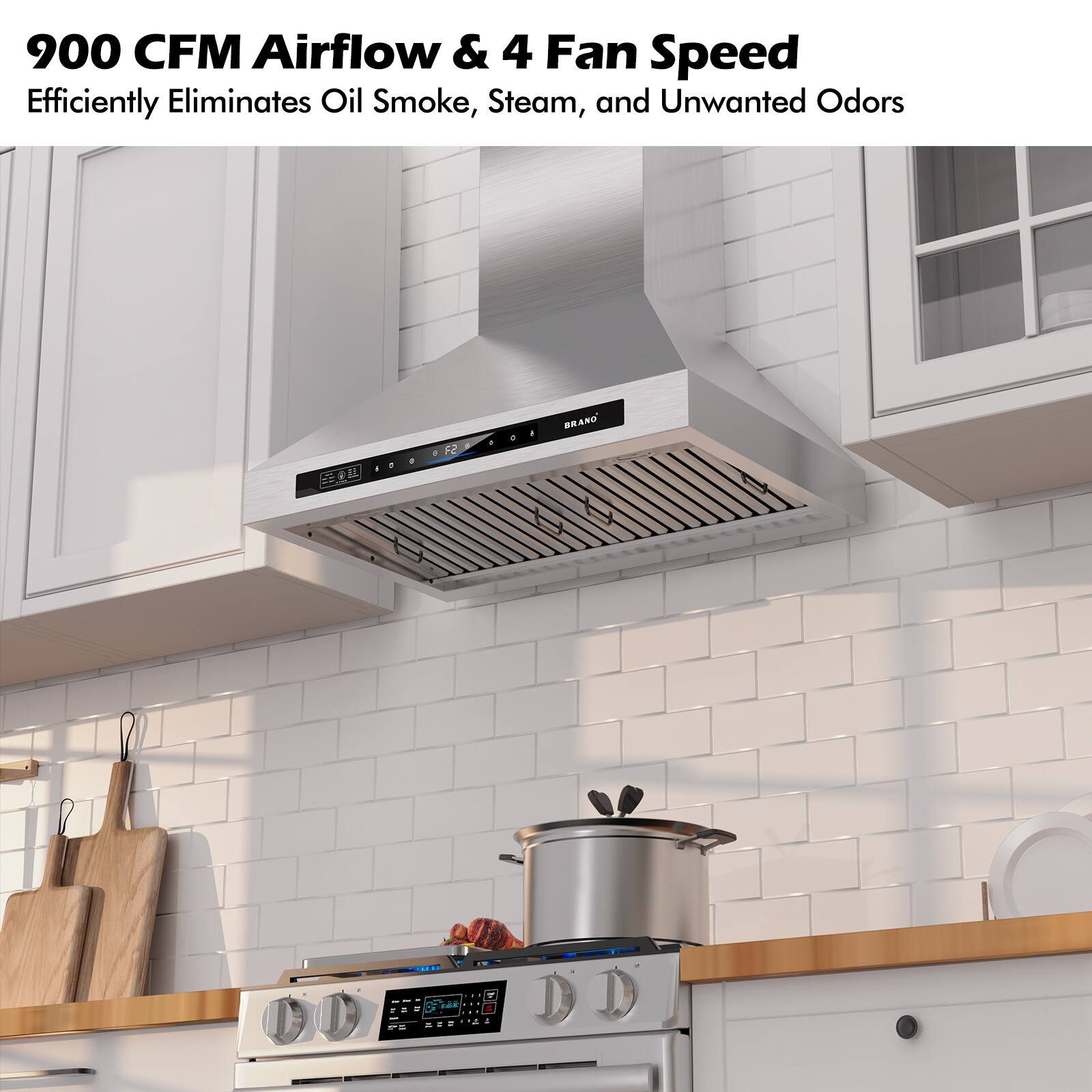 Alt View 3. Brano - 30 inch Wall Mount Range Hood 900 CFM Kitchen Hood in Stainless Steel with Voice Control, Ducted/Ductless Convertible - Sliver.