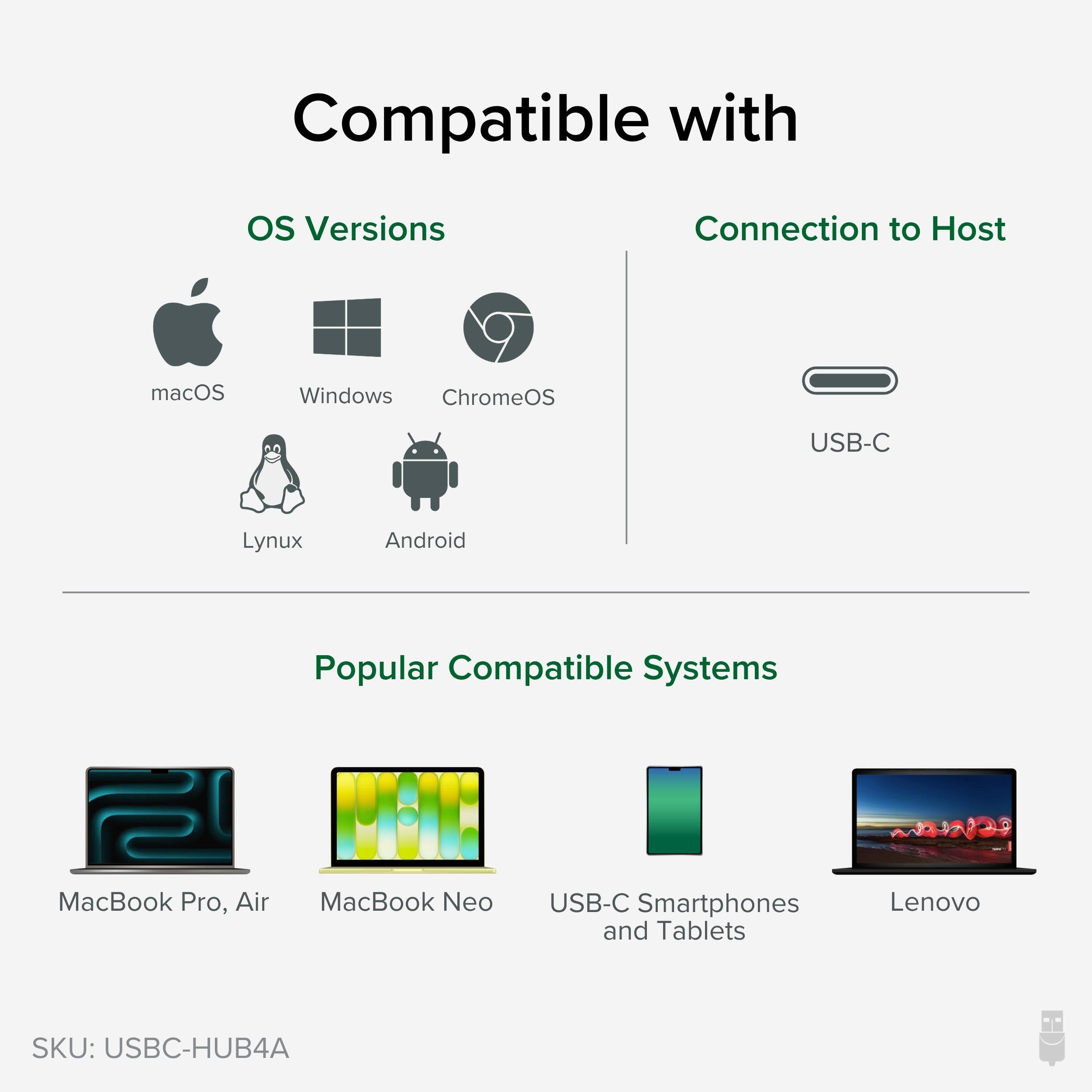 Compatible with

OS Versions
- macOS
- Windows
- ChromeOS
- Linux
- Android

Connection to Host
- USB-C

Popular Compatible Systems
- MacBook Pro, Air
- MacBook Neo
- USB-C Smartphones and Tablets
- Lenovo

SKU: USBC-HUB4A