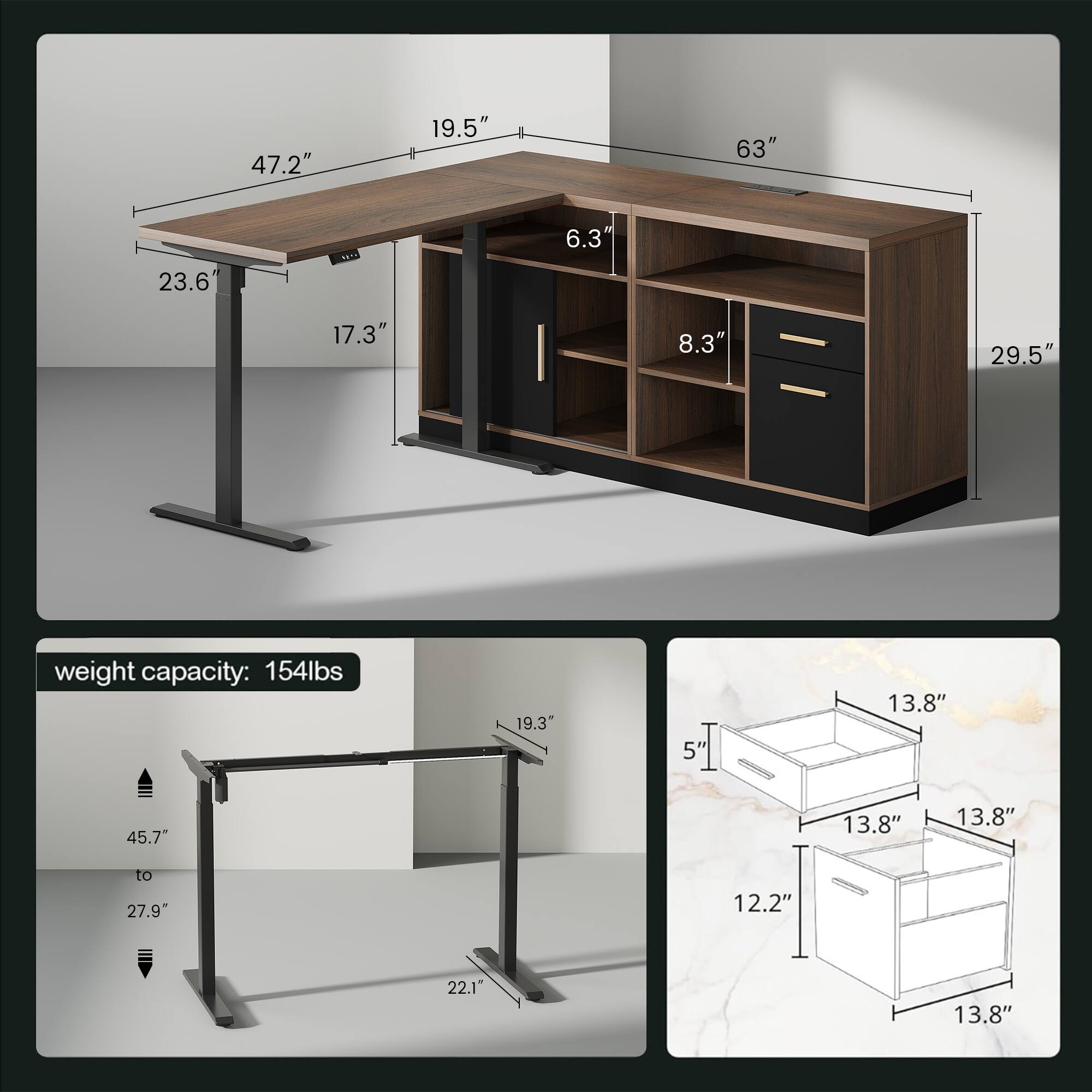 Sure, here is the corrected and grouped text from the image:

- **Dimensions:**
  - Length: 63"
  - Width: 47.2"
  - Height: 29.5"
  - Shelf Depth: 19.5"
  - Shelf Height: 6.3"
  - Shelf Spacing: 8.3"
  - Drawer Height: 17.3"
  - Drawer Width: 23.6"
  - Drawer Depth: 13.8"
  - Drawer Height: 13.8"
  - Drawer Width: 13.8"
  - Drawer Depth: 13.8"
  - Drawer Height: 13.8"
  - Drawer Width: 13.8"
  - Drawer Depth: 13.8"
  - Drawer Height: 13.8"
  - Drawer Width: 13.8"
  - Drawer Depth: 13.8"
  - Drawer Height: 13.8"
  - Drawer Width: 13.8"
  - Drawer Depth: 13.8"
  - Drawer Height: 13.8"
  -