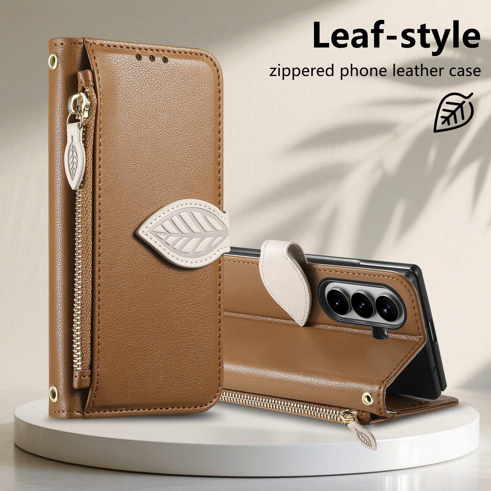 Leaf-style zippered phone leather case