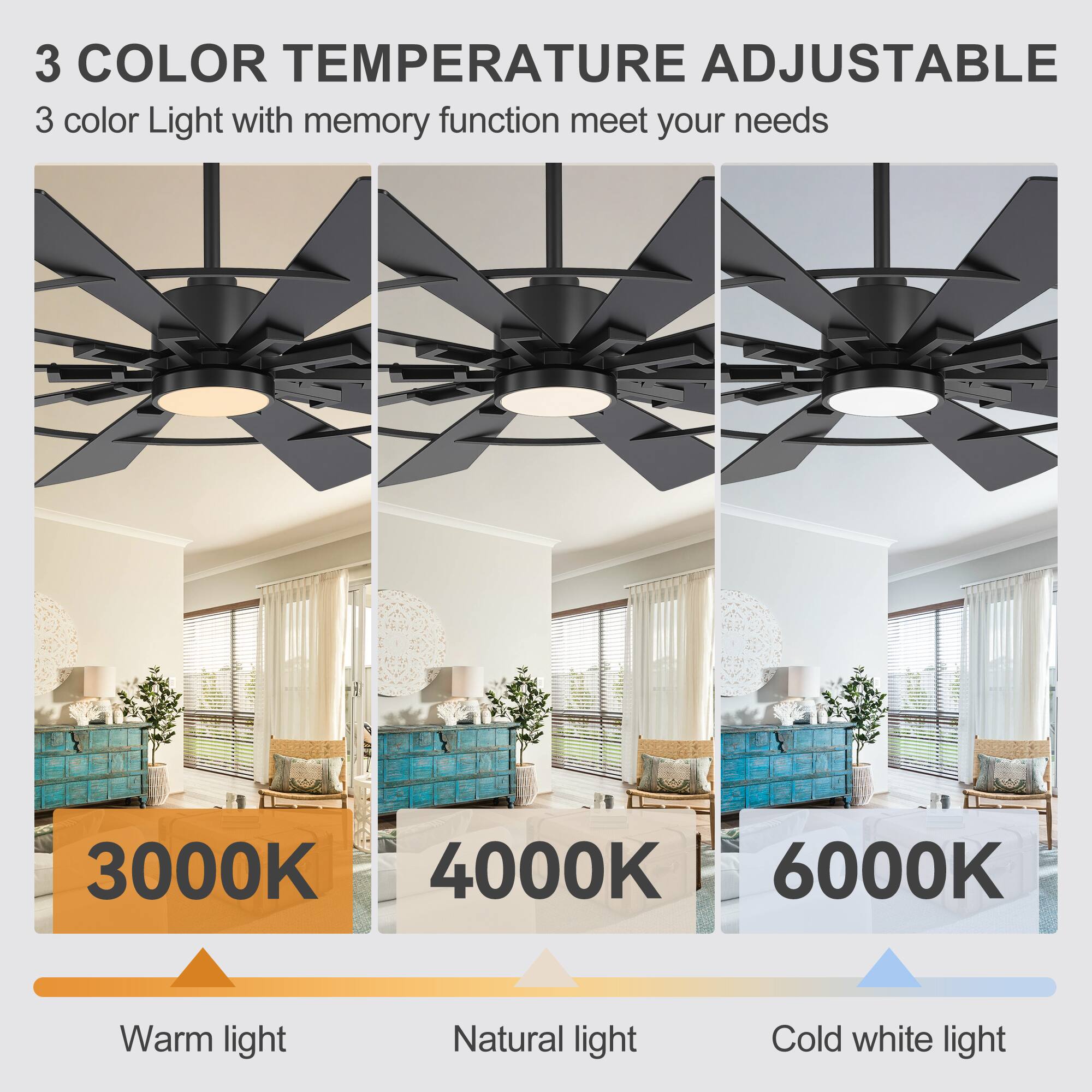 3 COLOR TEMPERATURE ADJUSTABLE  
3 color Light with memory function meet your needs  
3000K Warm light  
4000K Natural light  
6000K Cold white light